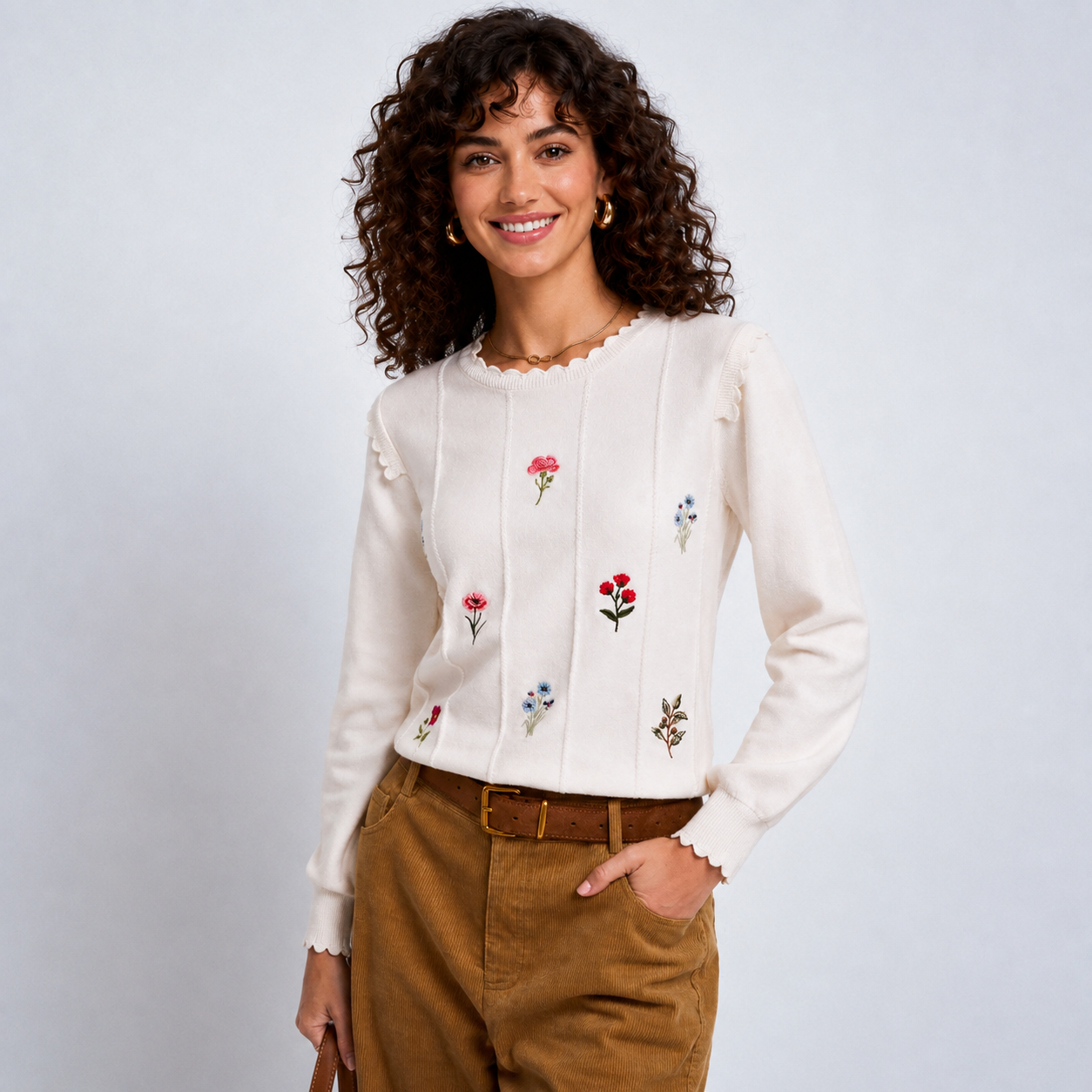  Floral Embroidery Long Sleeve Pullover Blouse Christmas Sweater For Women