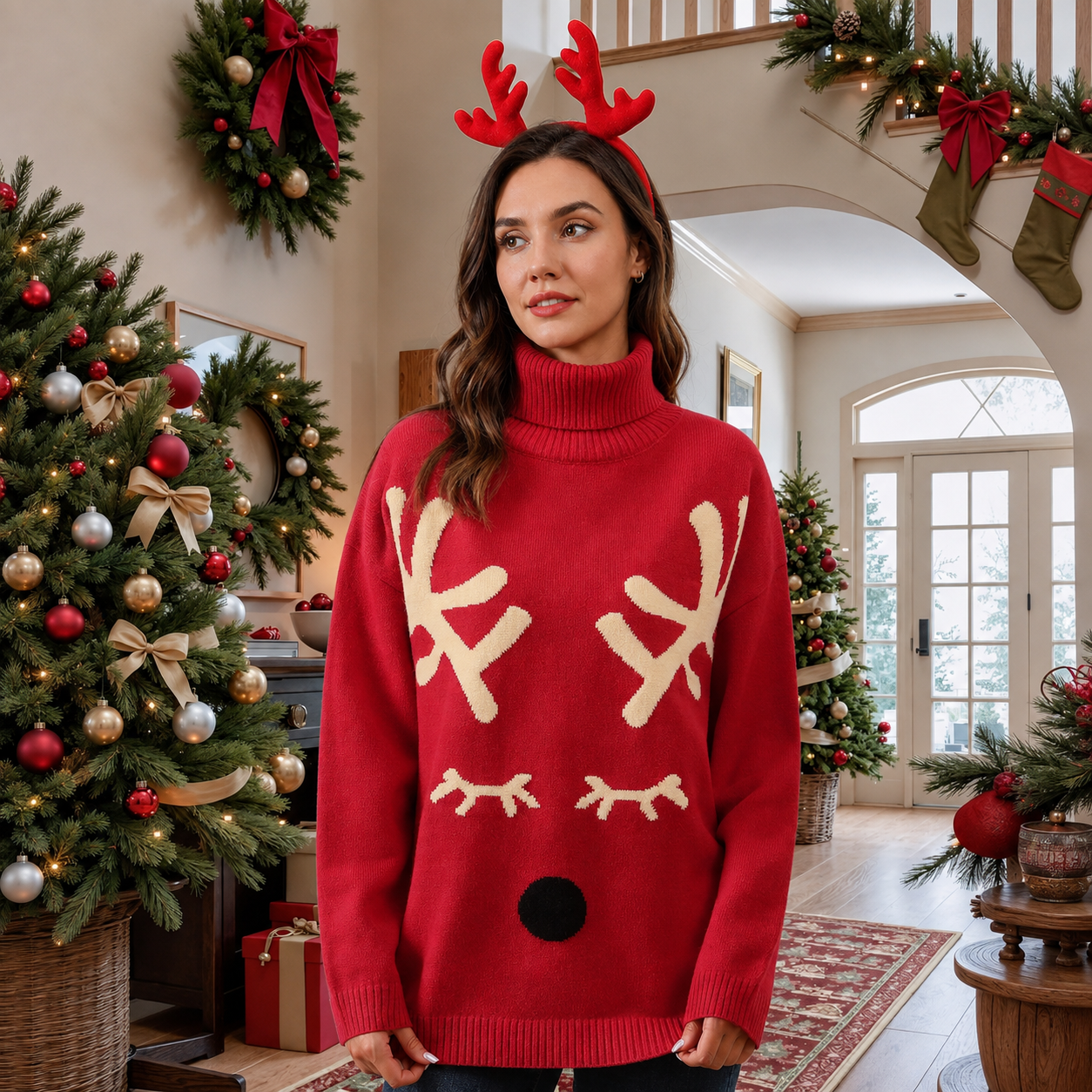 Christmas Reindeer Graphic Knit Pullover Sweater for Women