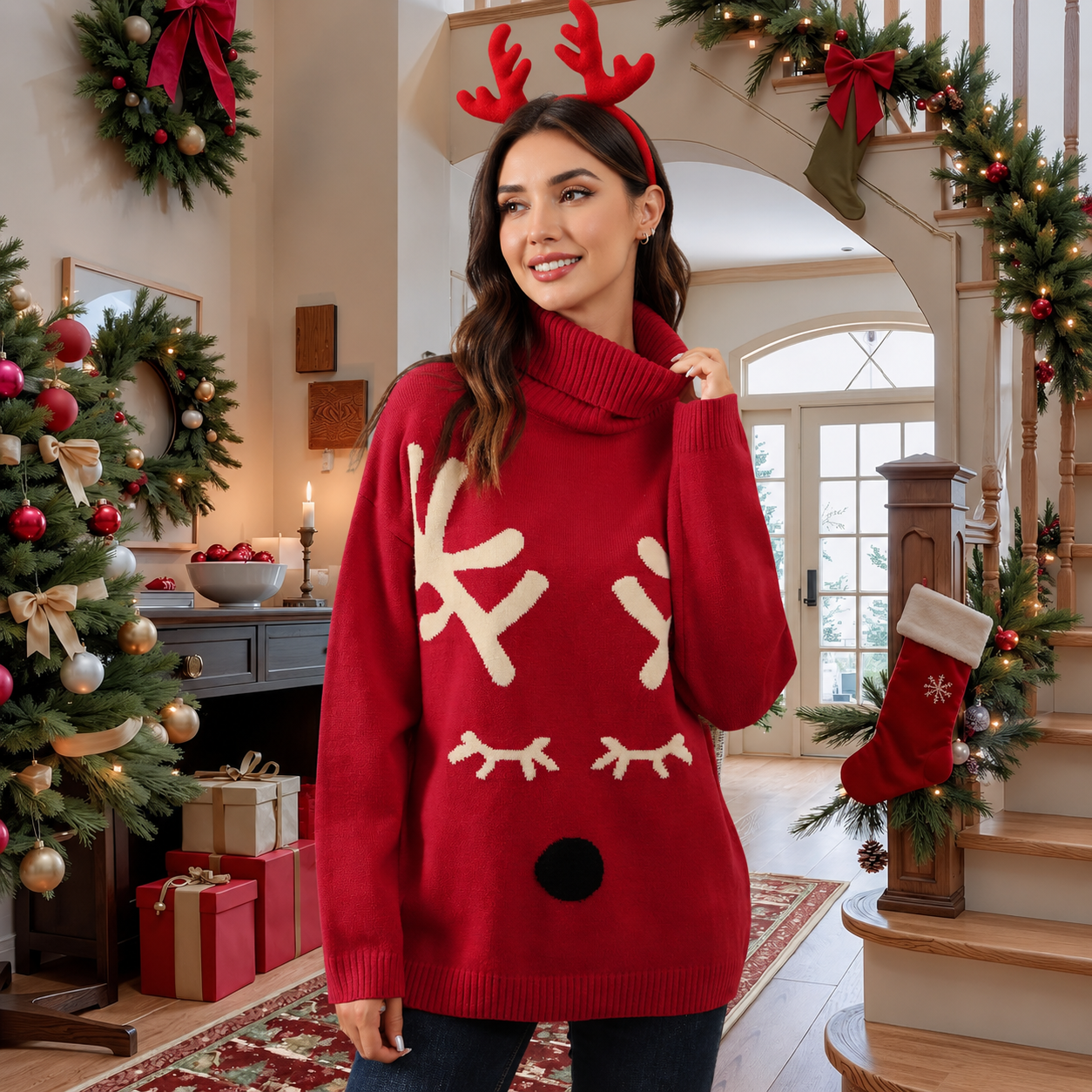Christmas Reindeer Graphic Knit Pullover Sweater for Women