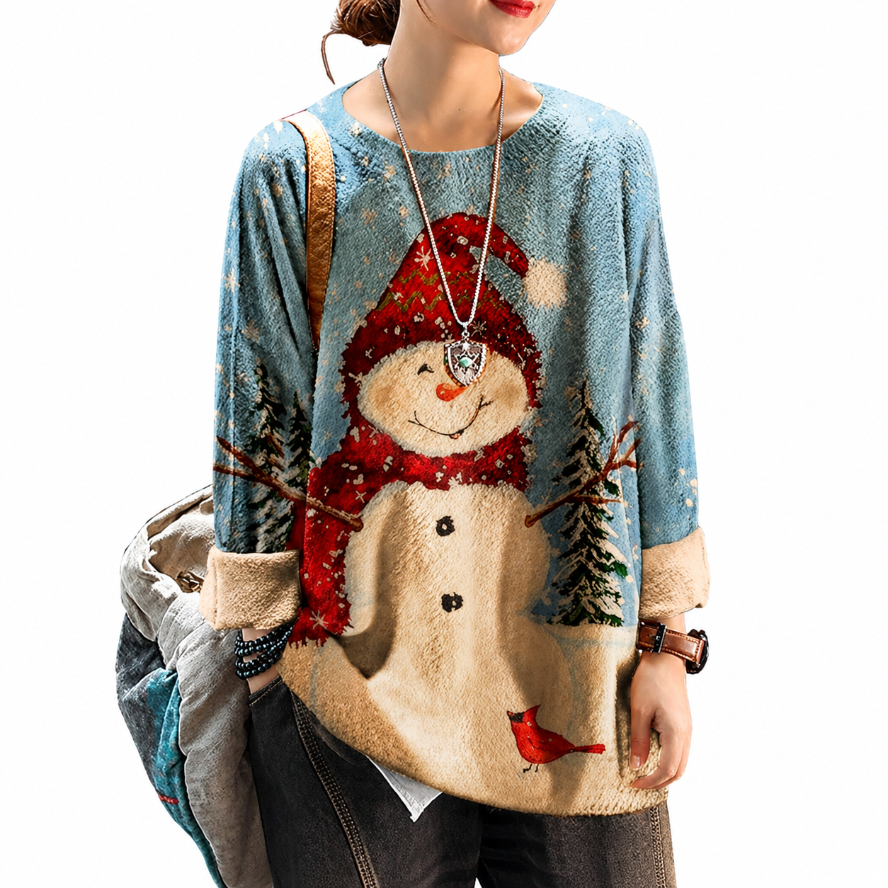 Christmas Snowman Graphic Knit Pullover Sweater for Women