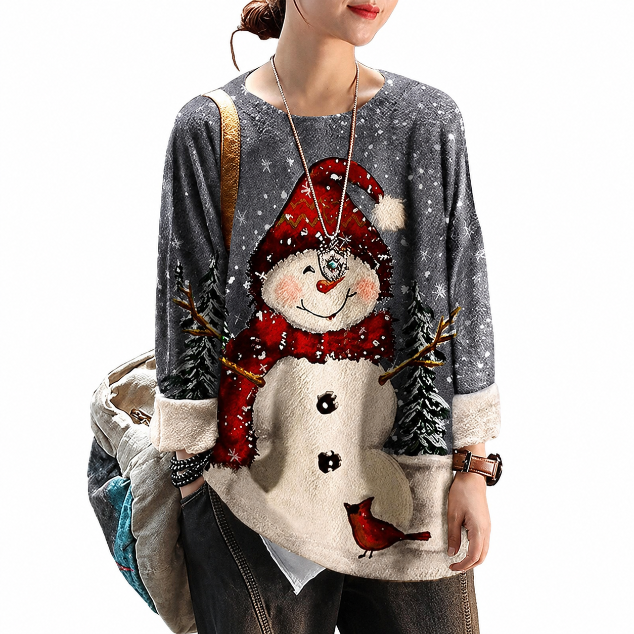 Christmas Snowman Graphic Knit Pullover Sweater for Women