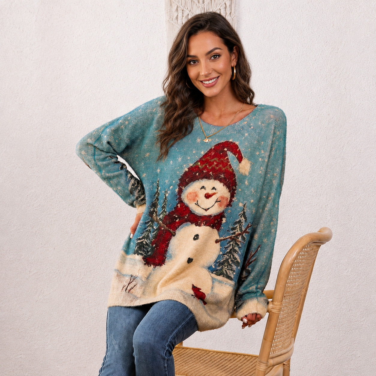 Christmas Snowman Graphic Knit Pullover Sweater for Women