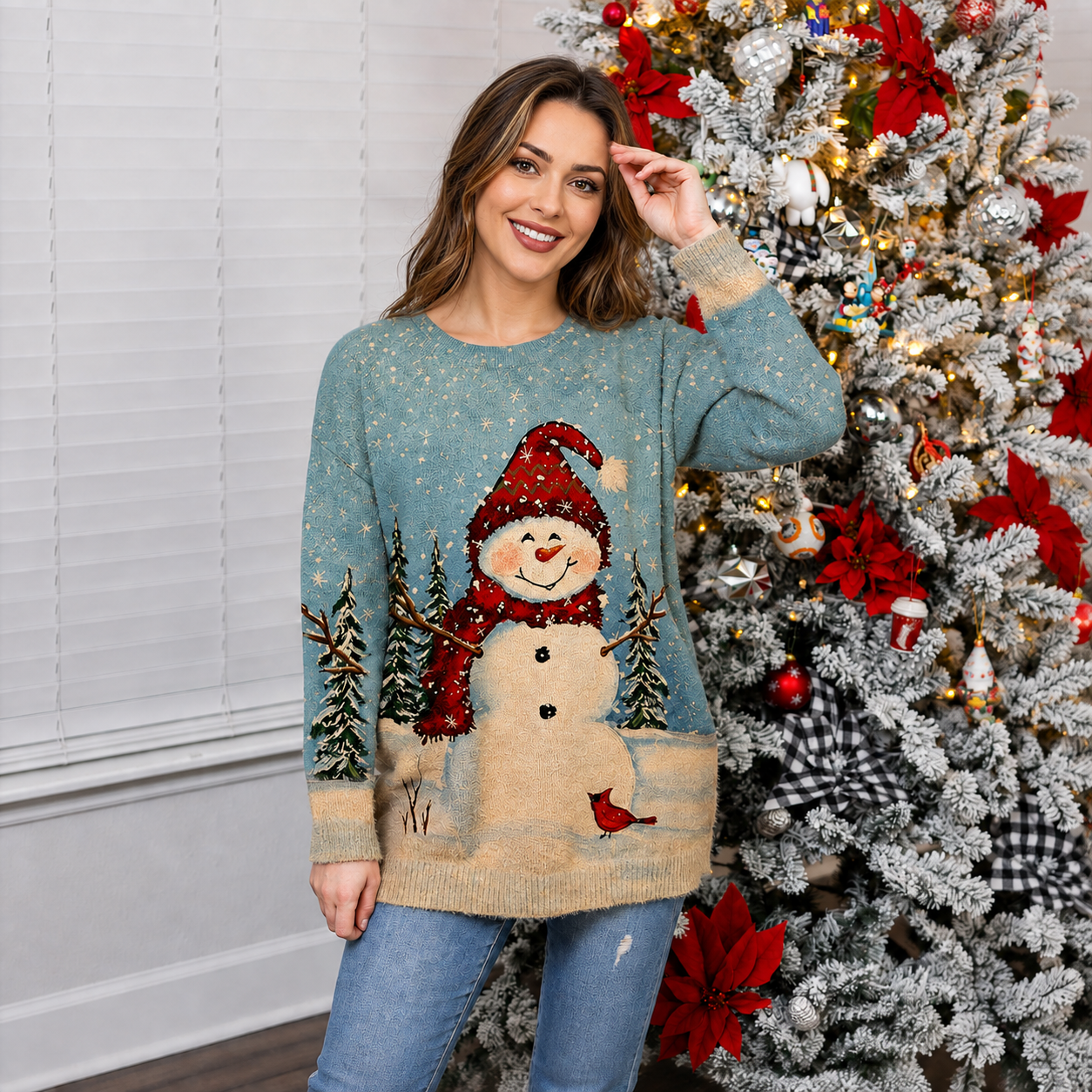 Christmas Snowman Graphic Knit Pullover Sweater for Women