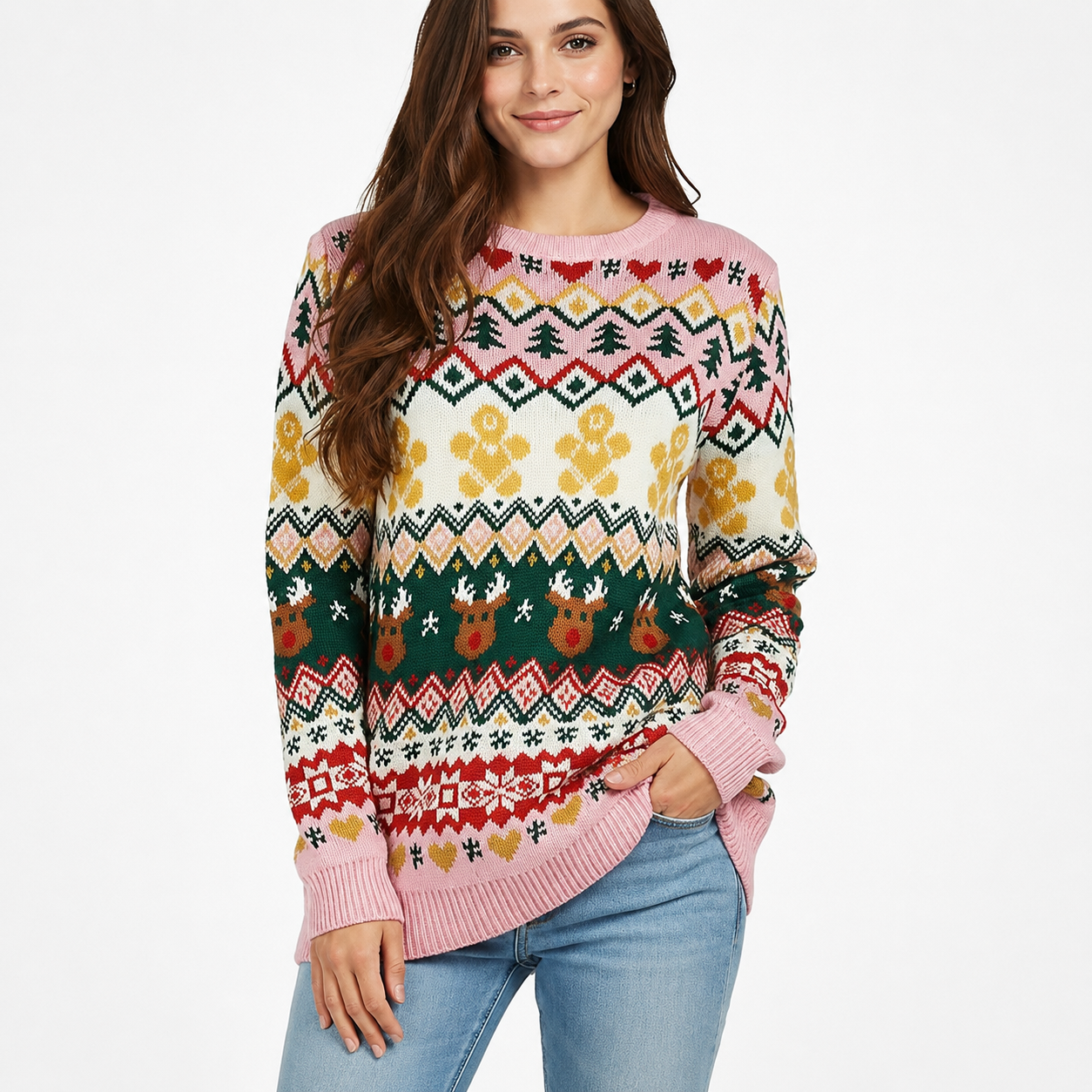Festive Graphic Knitted Christmas Pullover Sweater for Women