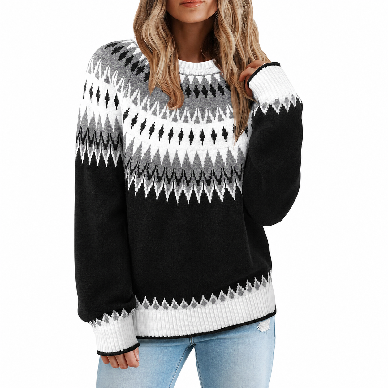 Vintage Geometric Knit Christmas Pullover Sweater for Women