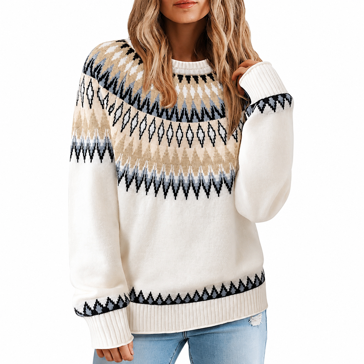 Vintage Geometric Knit Christmas Pullover Sweater for Women