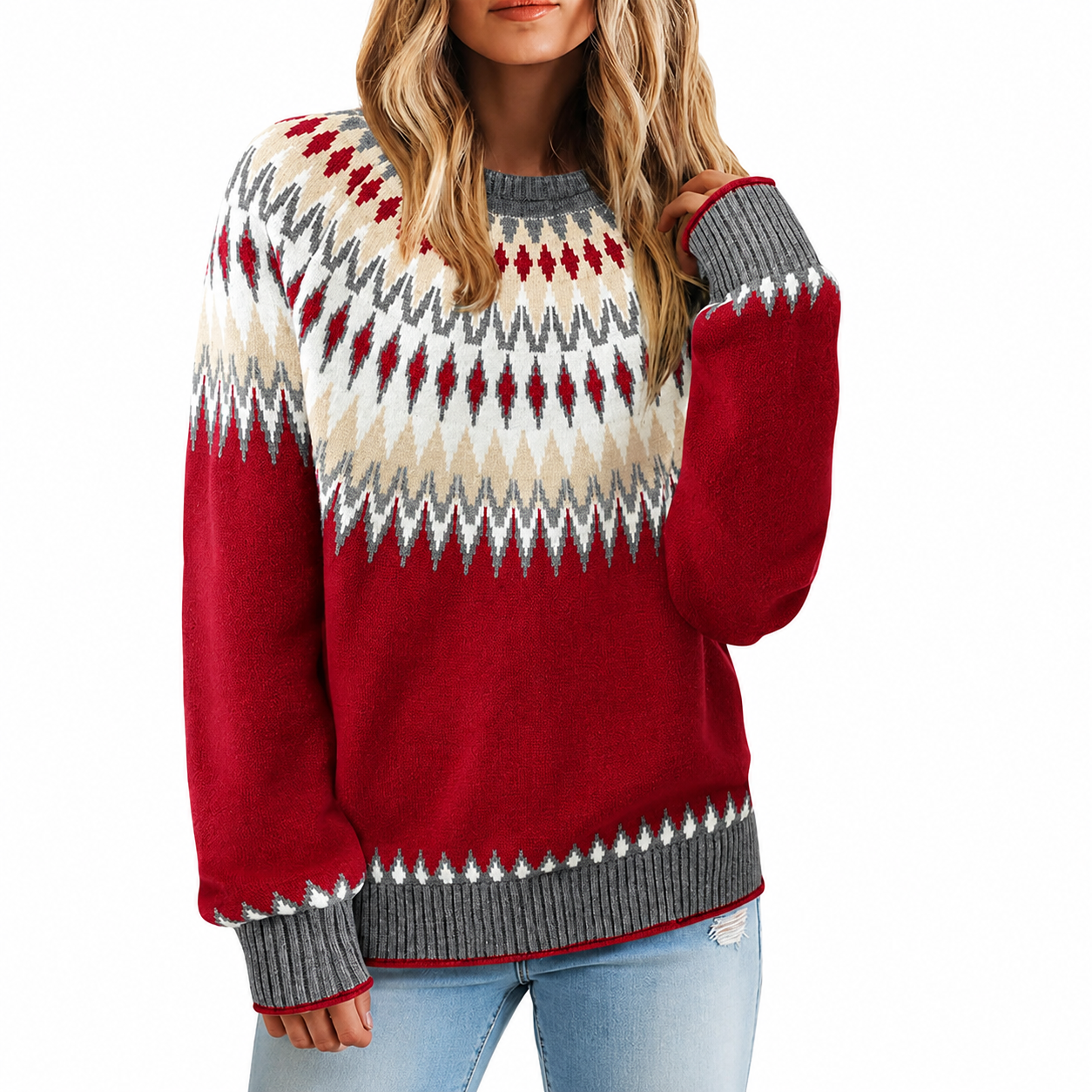 Vintage Geometric Knit Christmas Pullover Sweater for Women