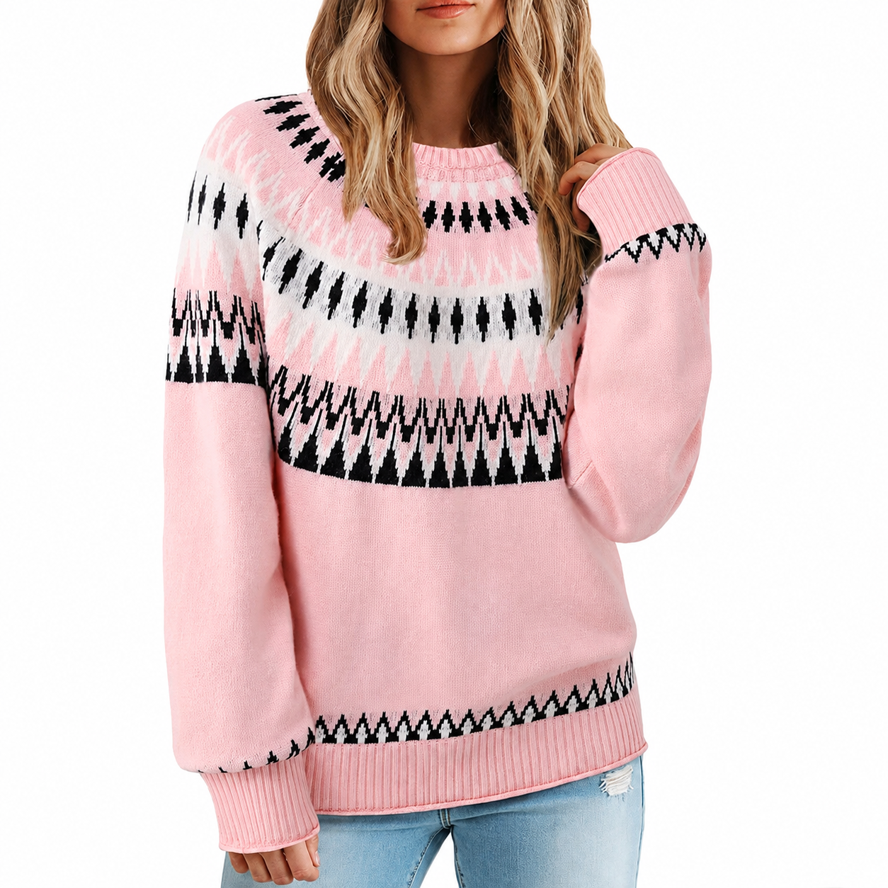 Vintage Geometric Knit Christmas Pullover Sweater for Women