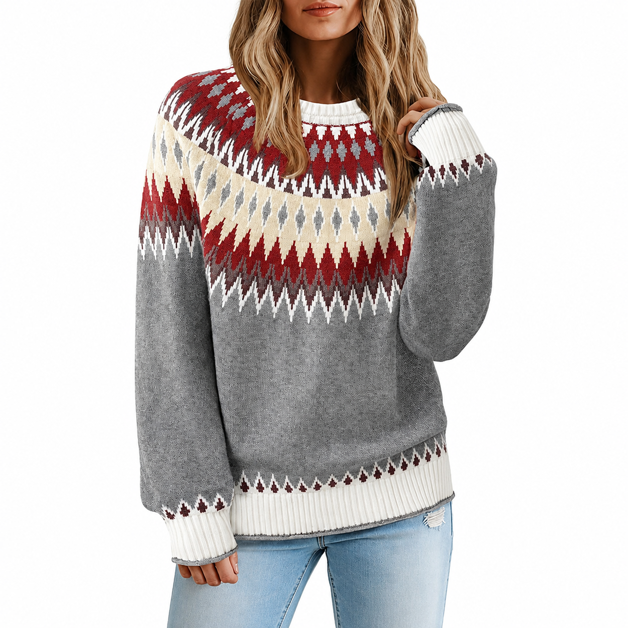 Vintage Geometric Knit Christmas Pullover Sweater for Women