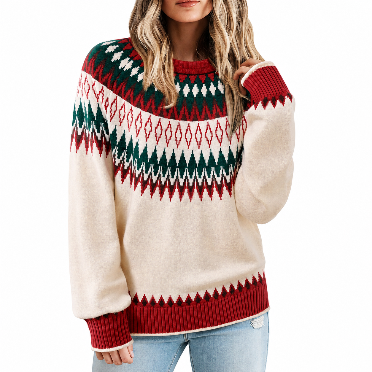 Vintage Geometric Knit Christmas Pullover Sweater for Women