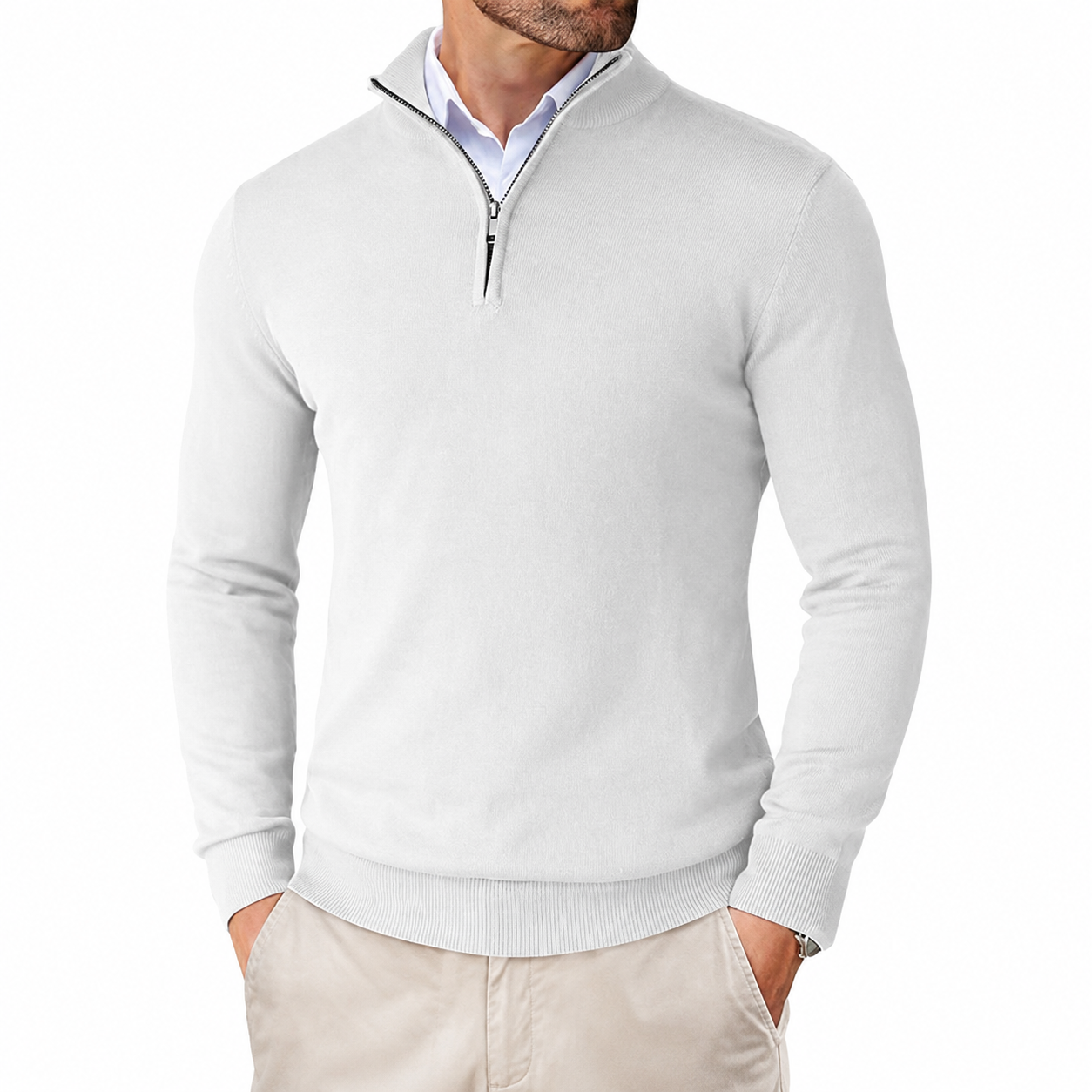 Geometric Knit Half Zip Pullover Sweater with Ribbed Detail for Men