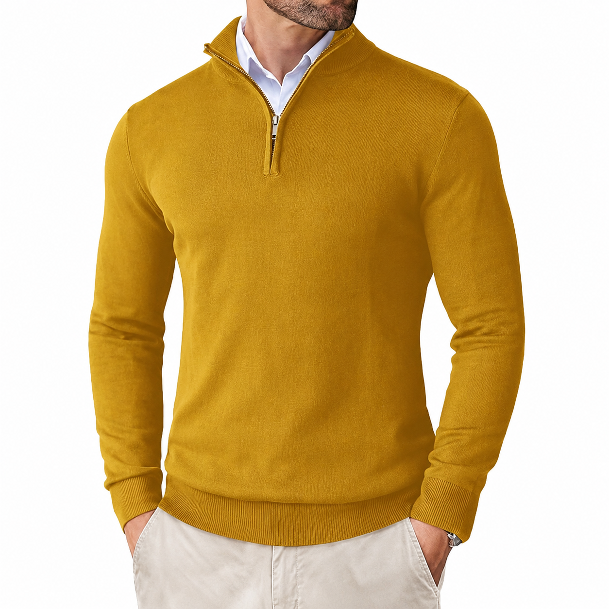 Geometric Knit Half Zip Pullover Sweater with Ribbed Detail for Men