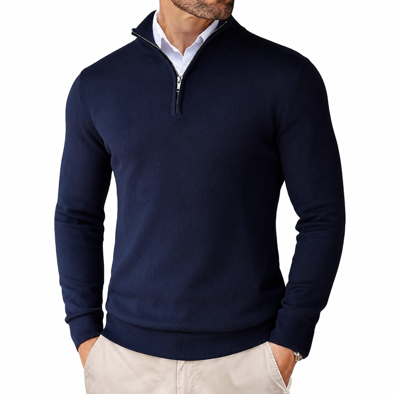 Geometric Knit Half Zip Pullover Sweater with Ribbed Detail for Men