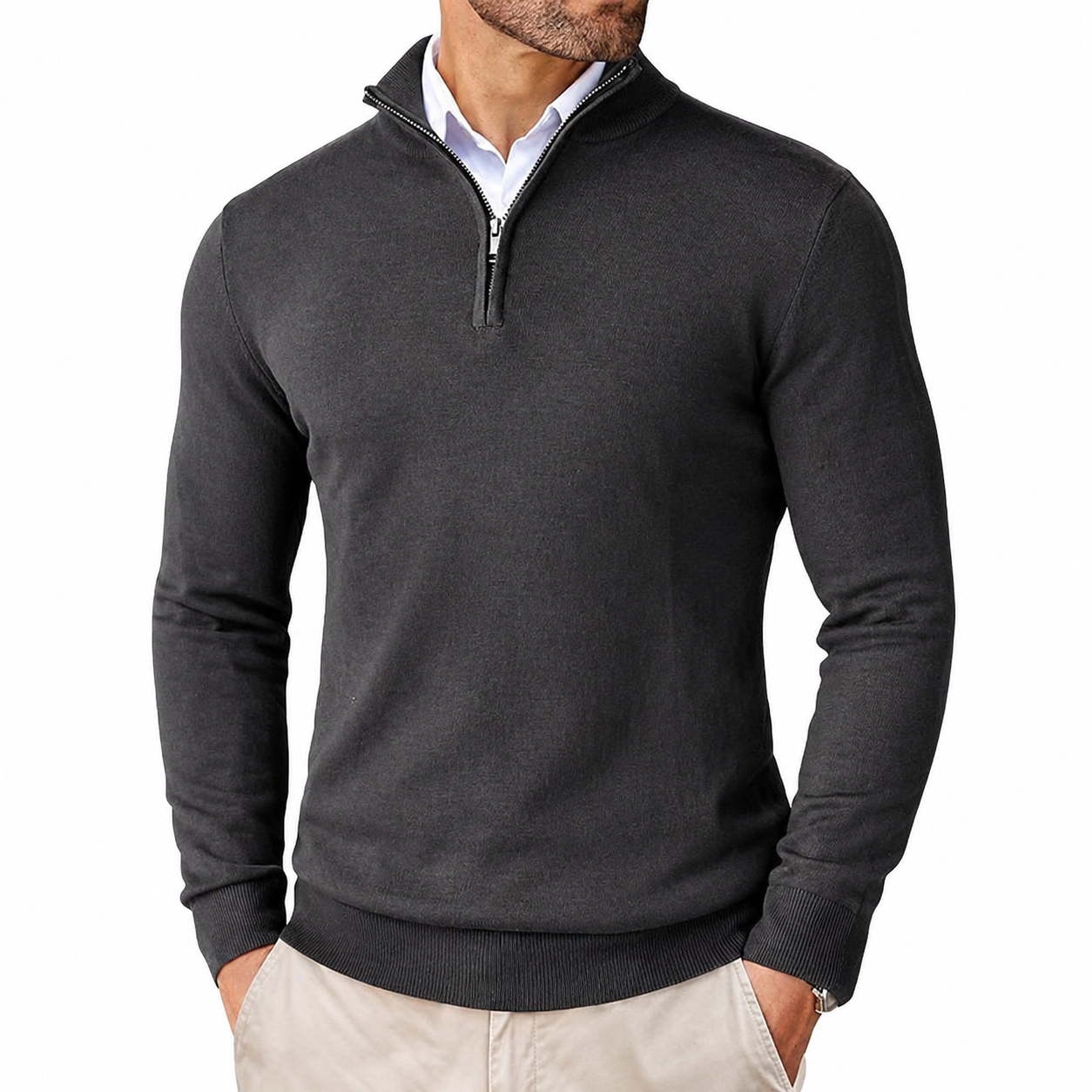 Geometric Knit Half Zip Pullover Sweater with Ribbed Detail for Men