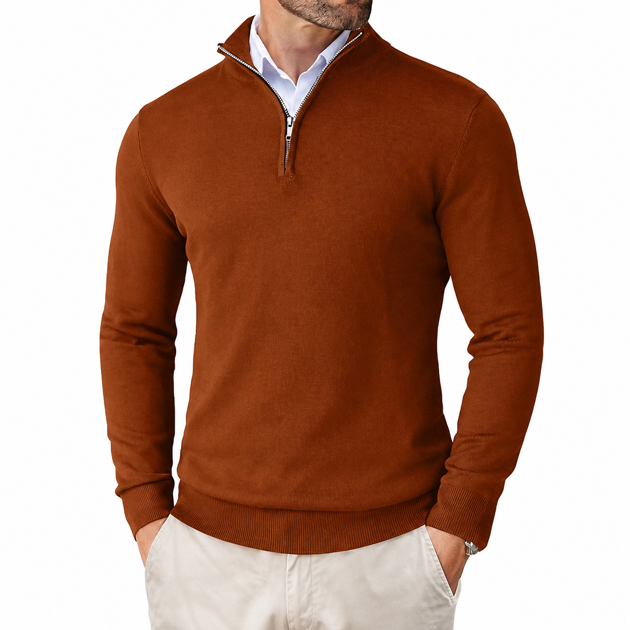 Geometric Knit Half Zip Pullover Sweater with Ribbed Detail for Men