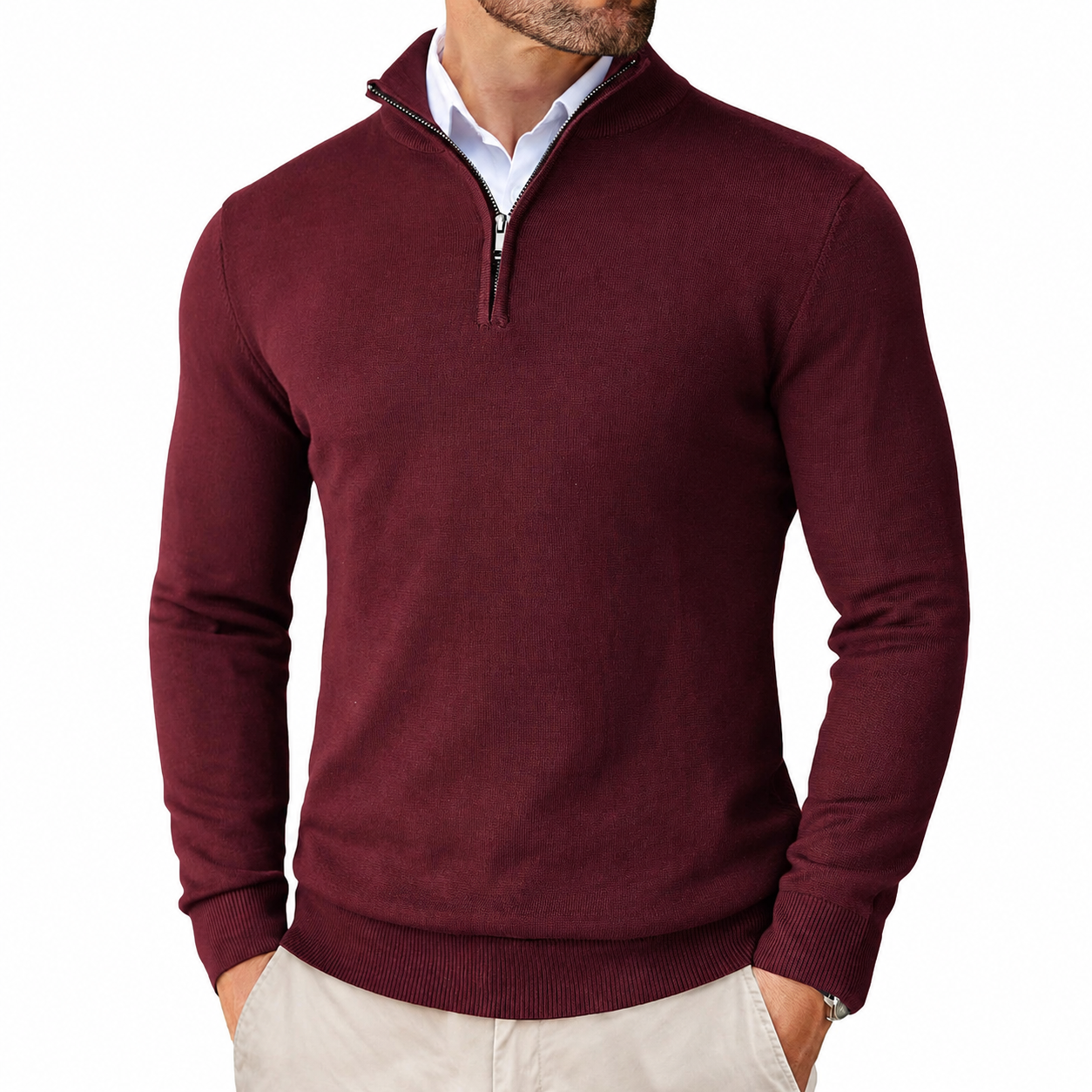 Geometric Knit Half Zip Pullover Sweater with Ribbed Detail for Men