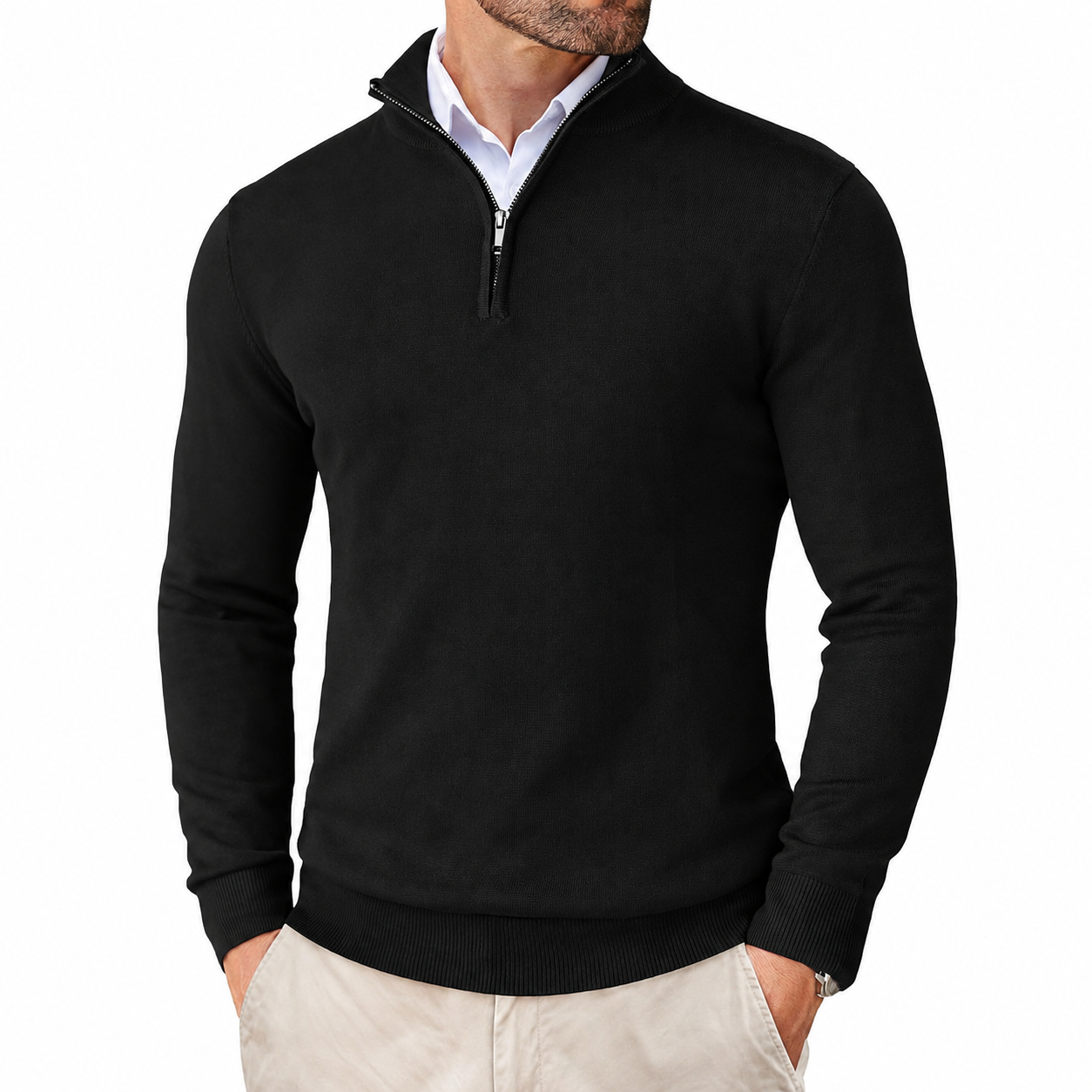 Geometric Knit Half Zip Pullover Sweater with Ribbed Detail for Men