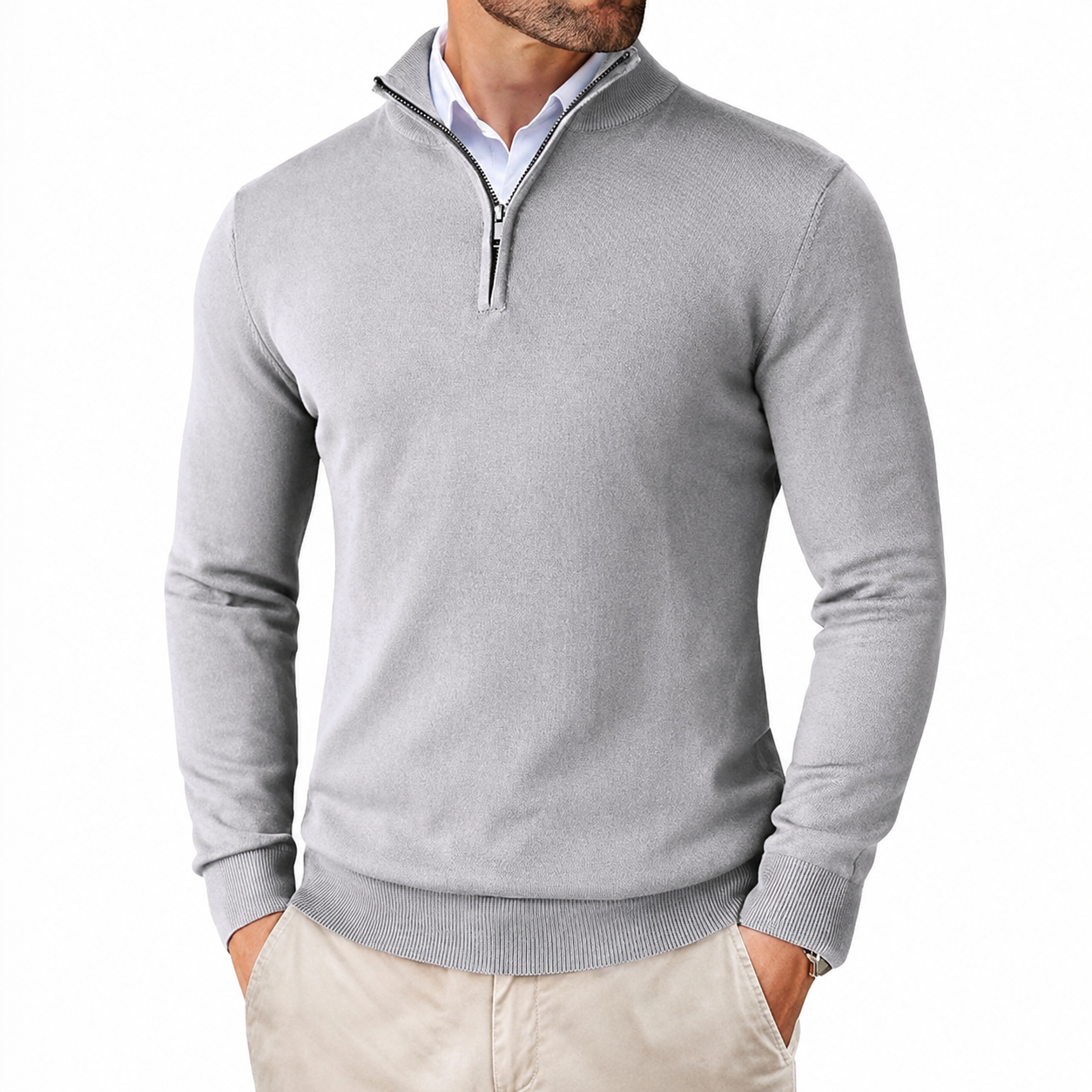 Geometric Knit Half Zip Pullover Sweater with Ribbed Detail for Men