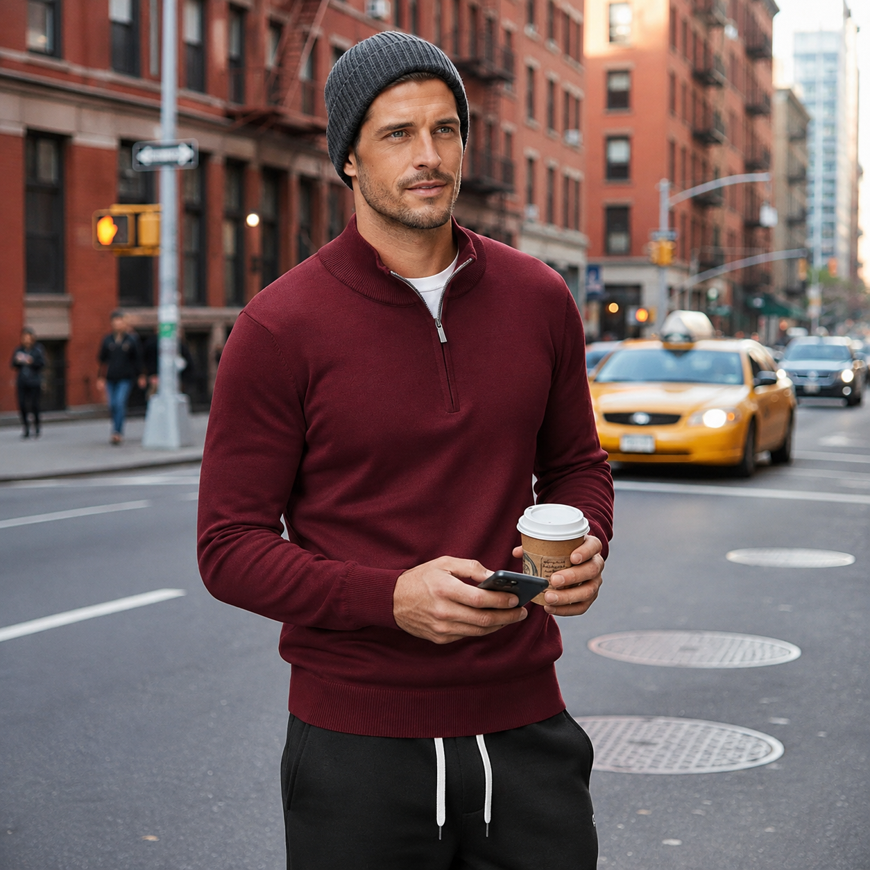 Geometric Knit Half Zip Pullover Sweater with Ribbed Detail for Men