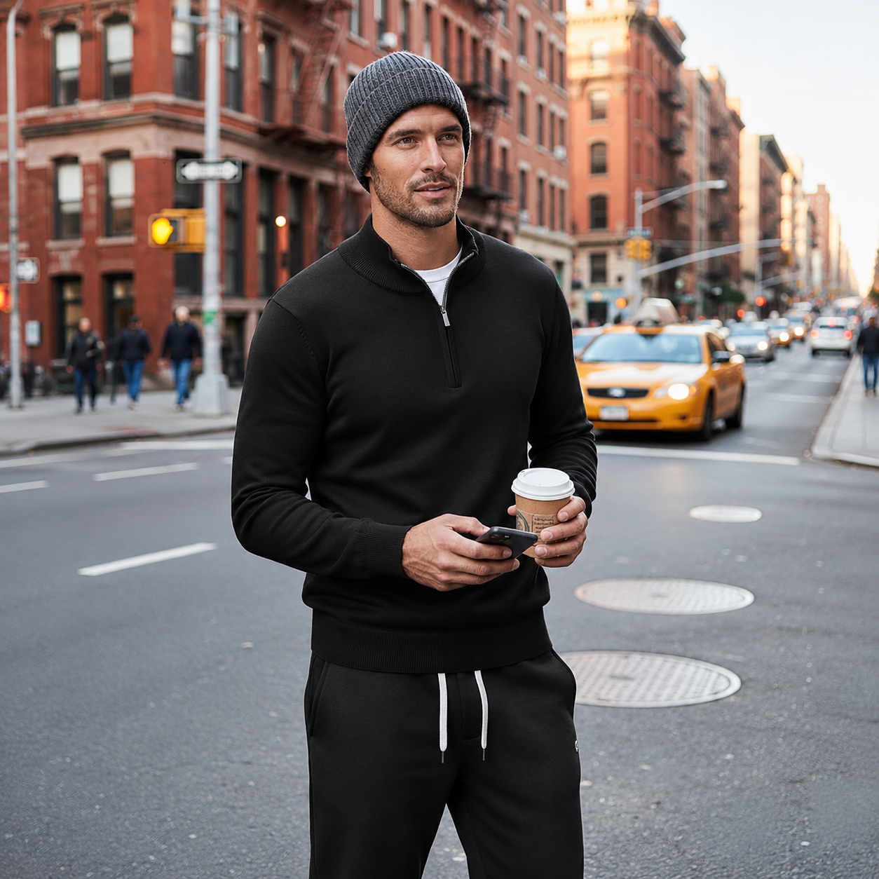 Geometric Knit Half Zip Pullover Sweater with Ribbed Detail for Men