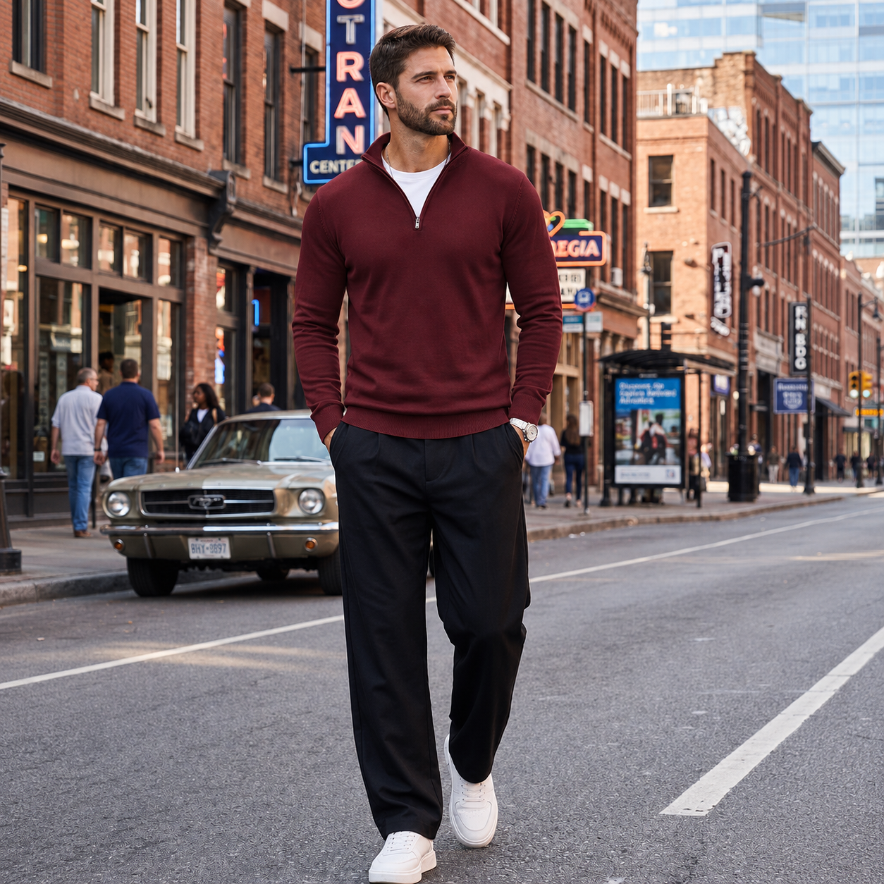 Geometric Knit Half Zip Pullover Sweater with Ribbed Detail for Men