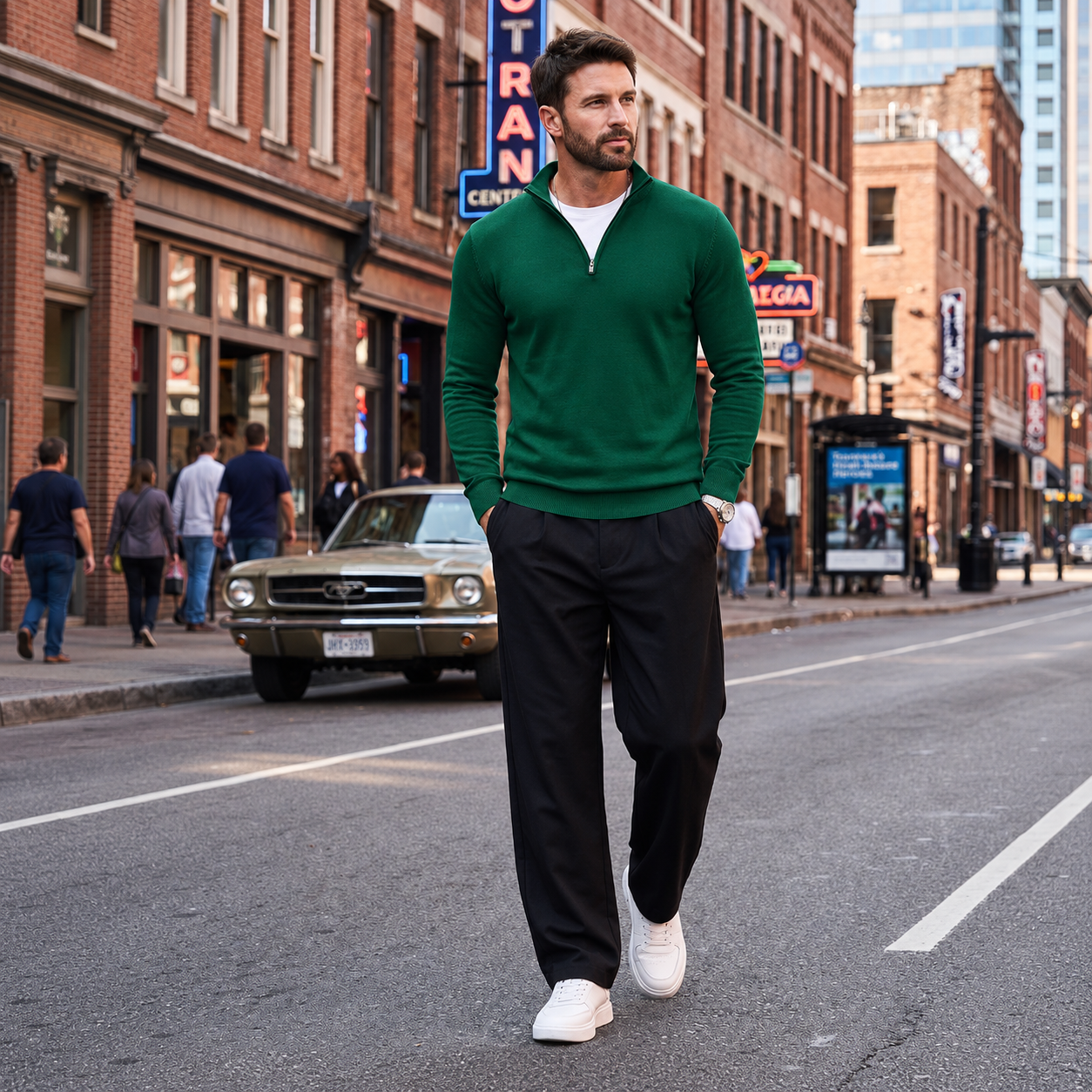 Geometric Knit Half Zip Pullover Sweater with Ribbed Detail for Men
