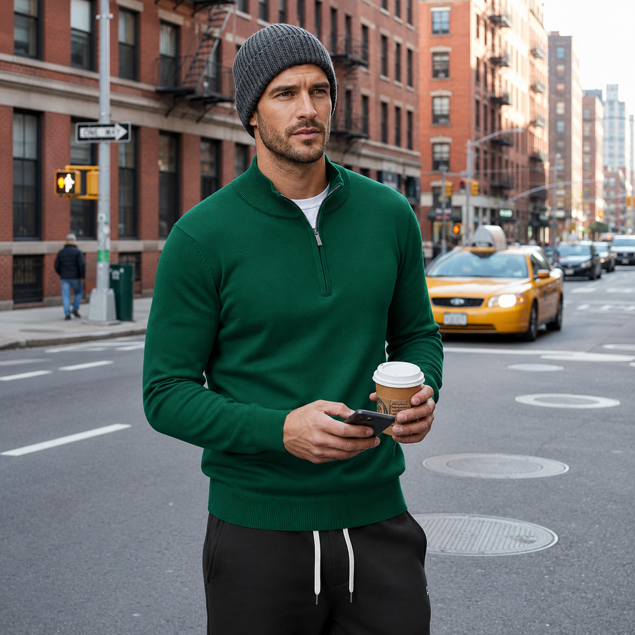 Geometric Knit Half Zip Pullover Sweater with Ribbed Detail for Men