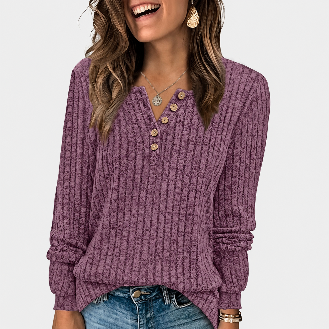 Ribbed Button Detail Casual Tunic Sweater for Women