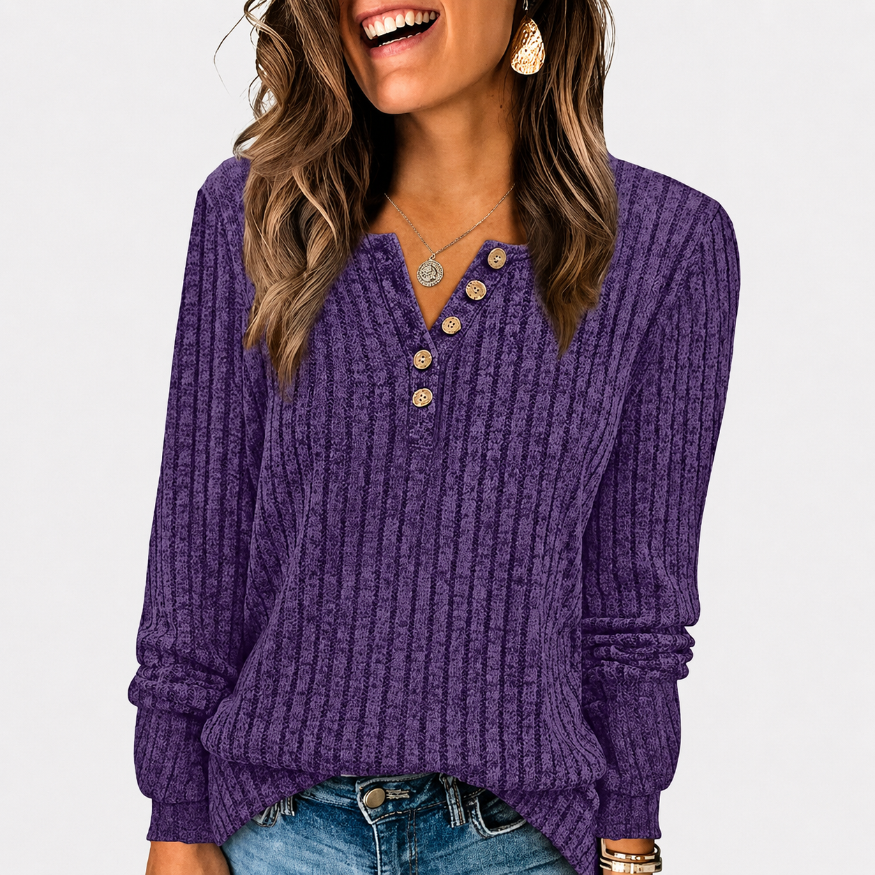 Ribbed Button Detail Casual Tunic Sweater for Women