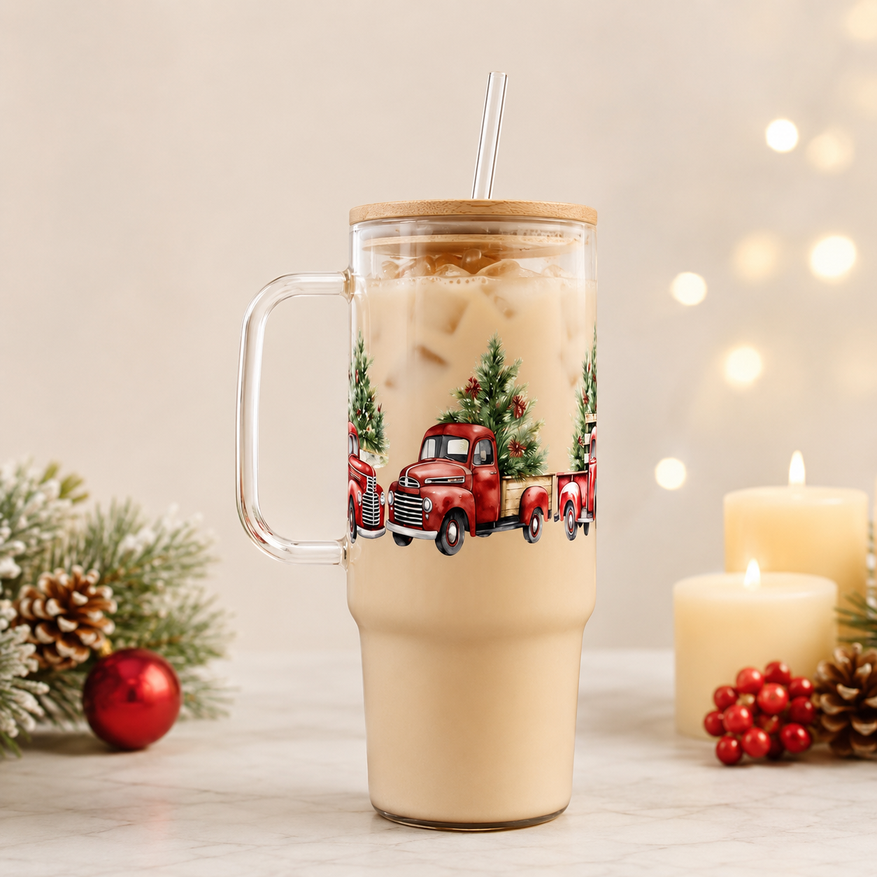 Christmas 40oz Glass Tumbler With Handle  