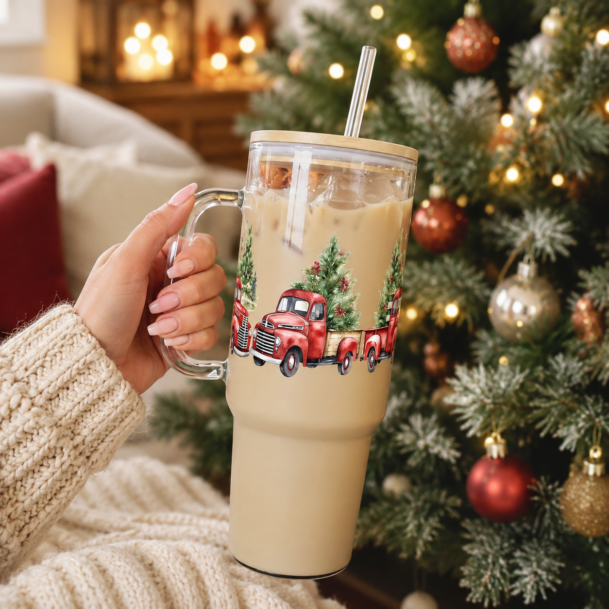 Christmas 40oz Glass Tumbler With Handle  