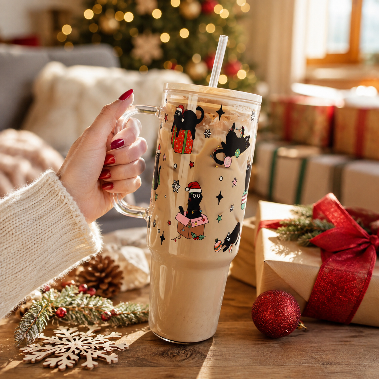 Christmas 40oz Glass Tumbler With Handle  