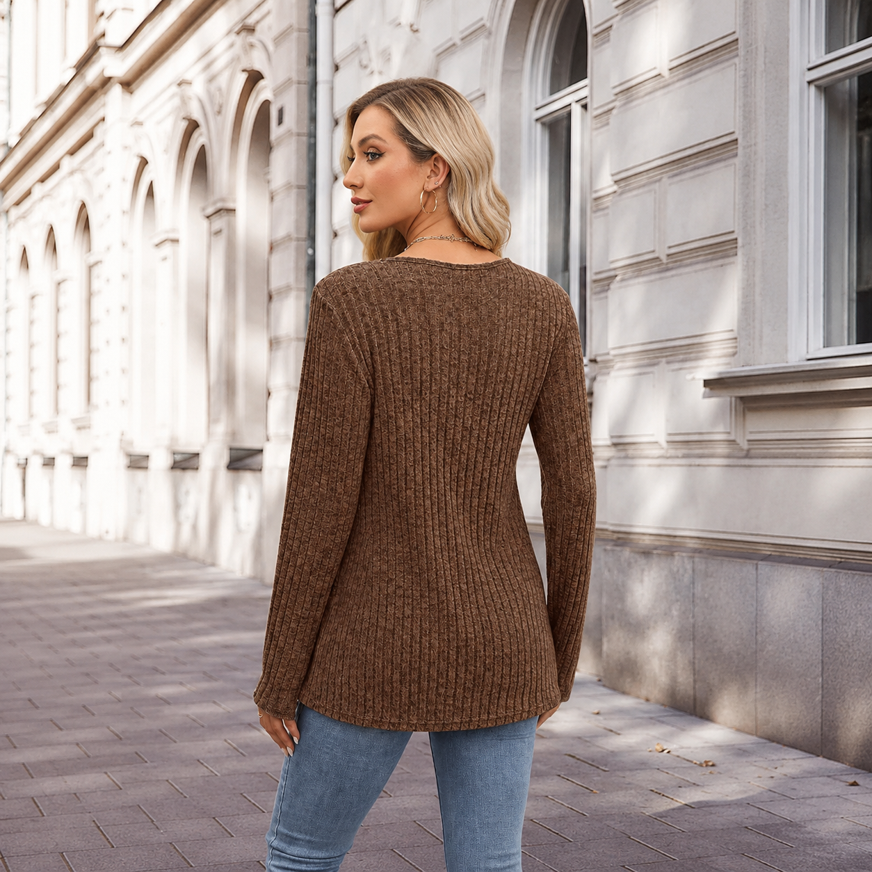 Ribbed Button Detail Casual Tunic Sweater for Women