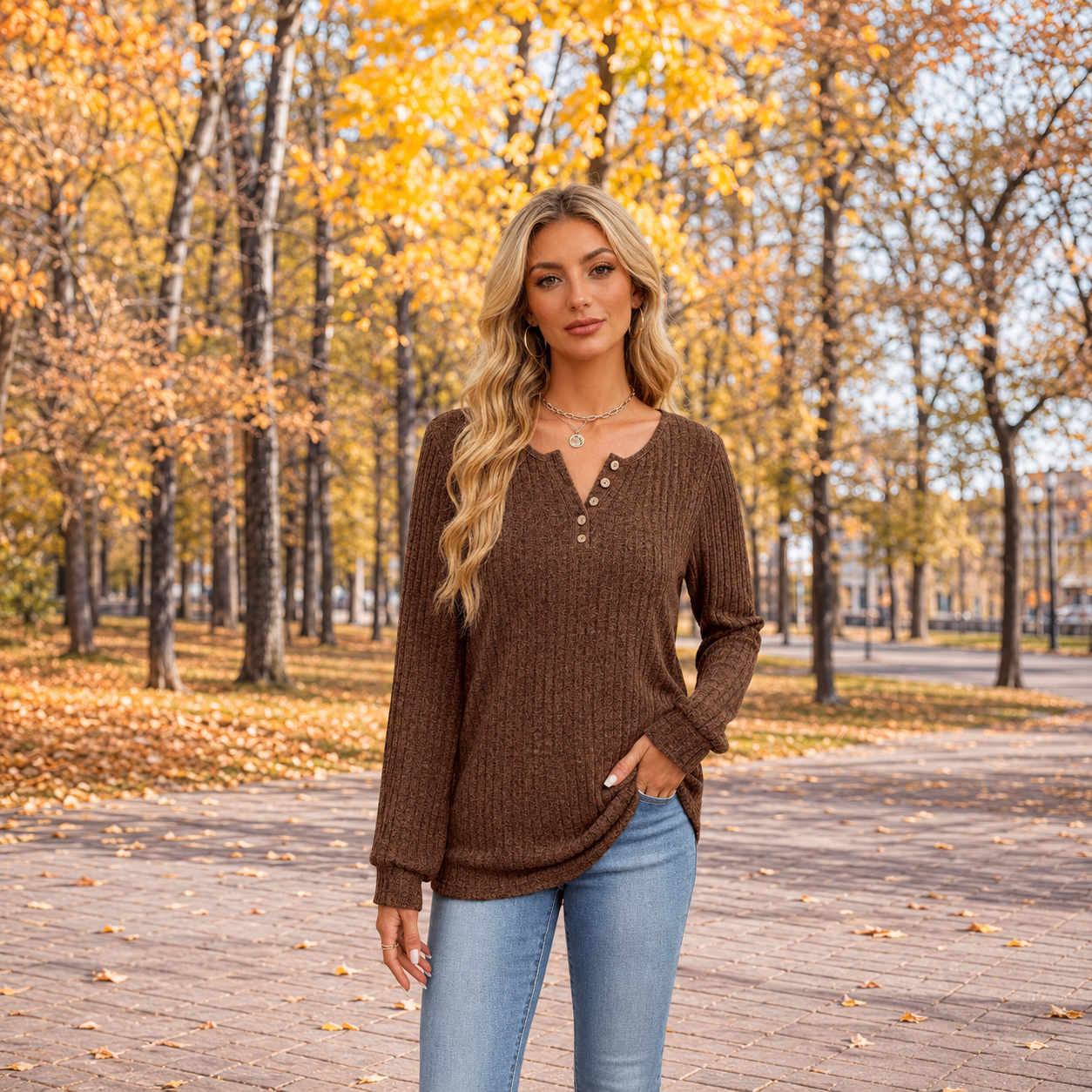 Ribbed Button Detail Casual Tunic Sweater for Women