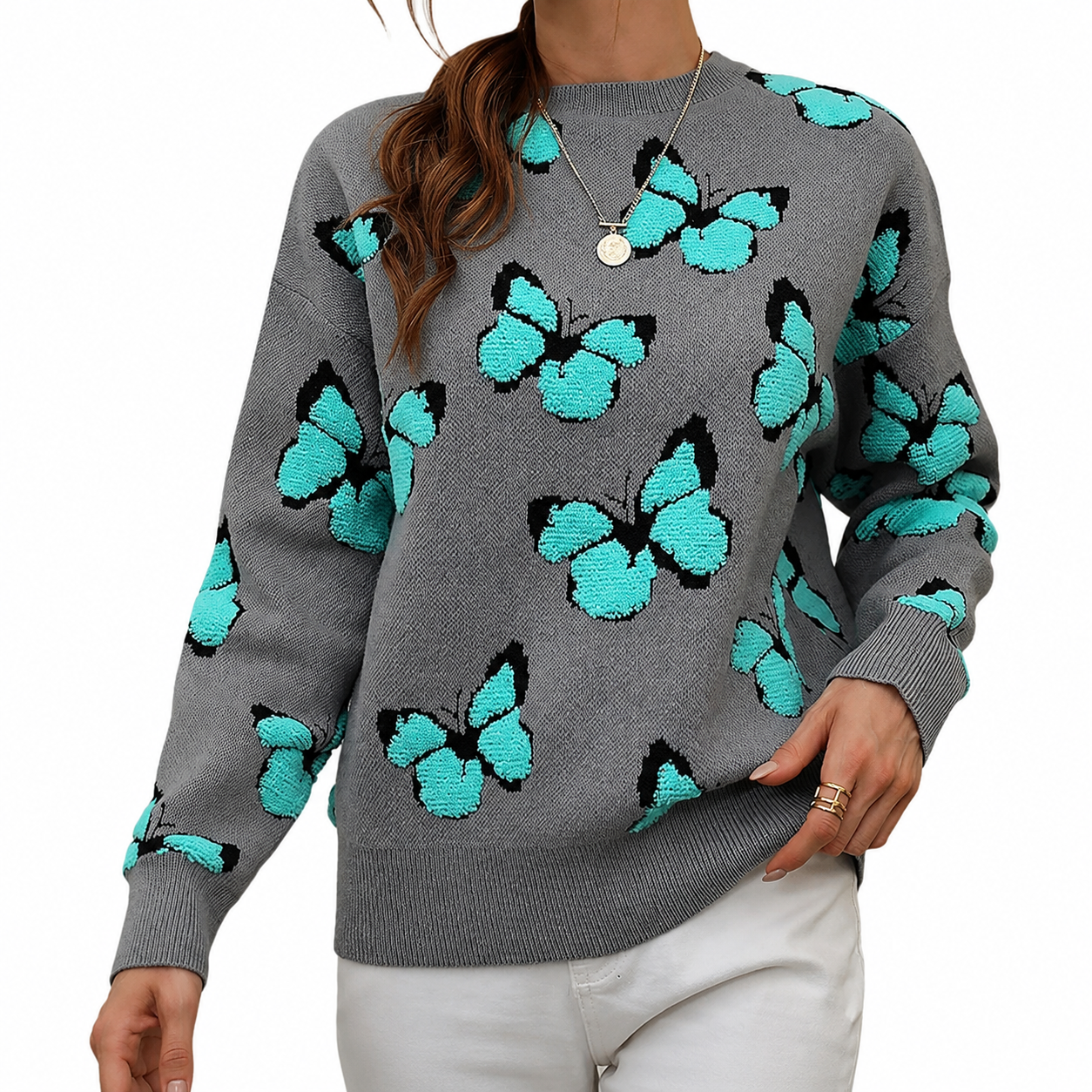 Full Sleeve Printed Knit Christmas Pullover Sweater for Women