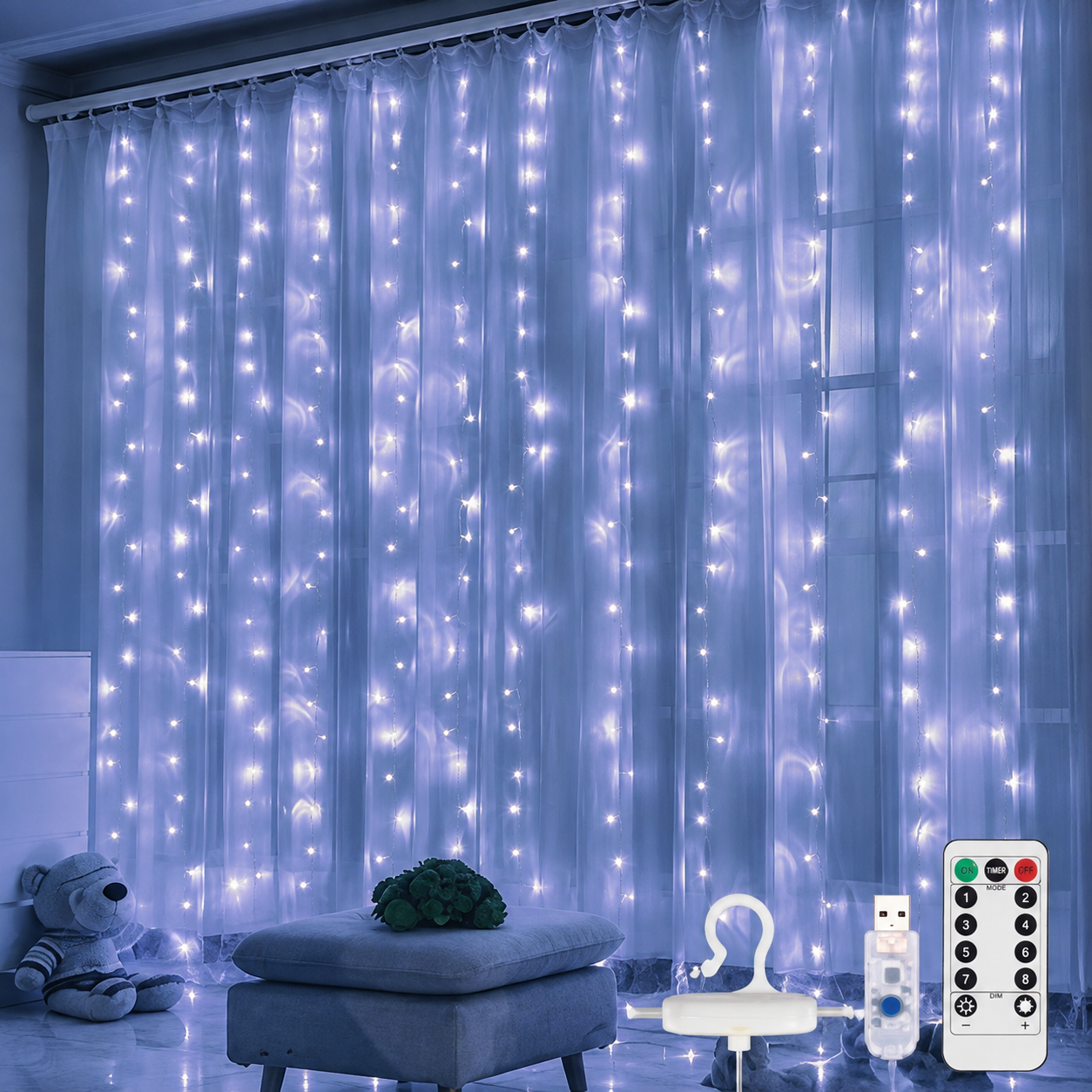 Pack Of 2 300 LED Curtain String Lights With Remote Control For Christmas Decor