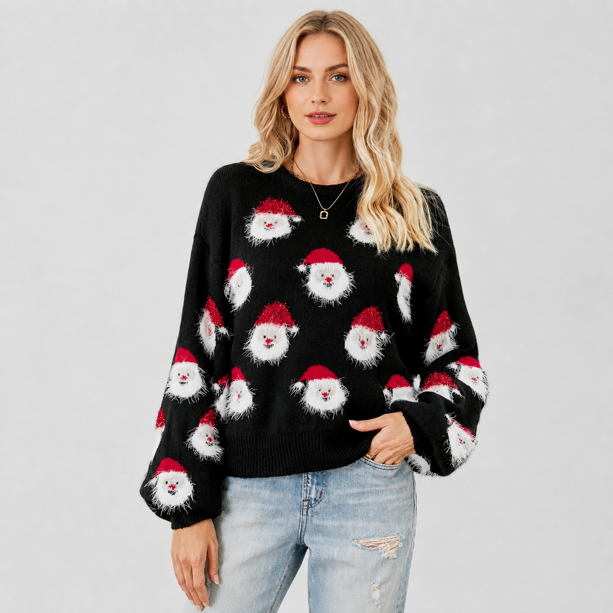 Full Sleeve Printed Knit Christmas Pullover Sweater for Women