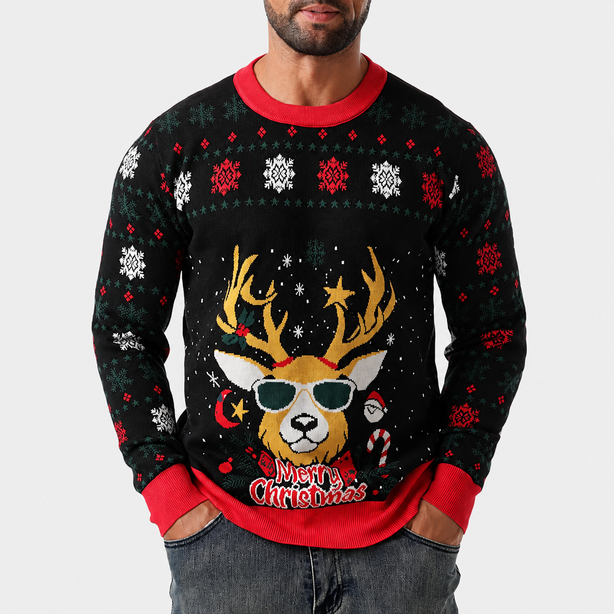 Classic Knitted Christmas Pullover Sweater with Ribbed Trim for Men