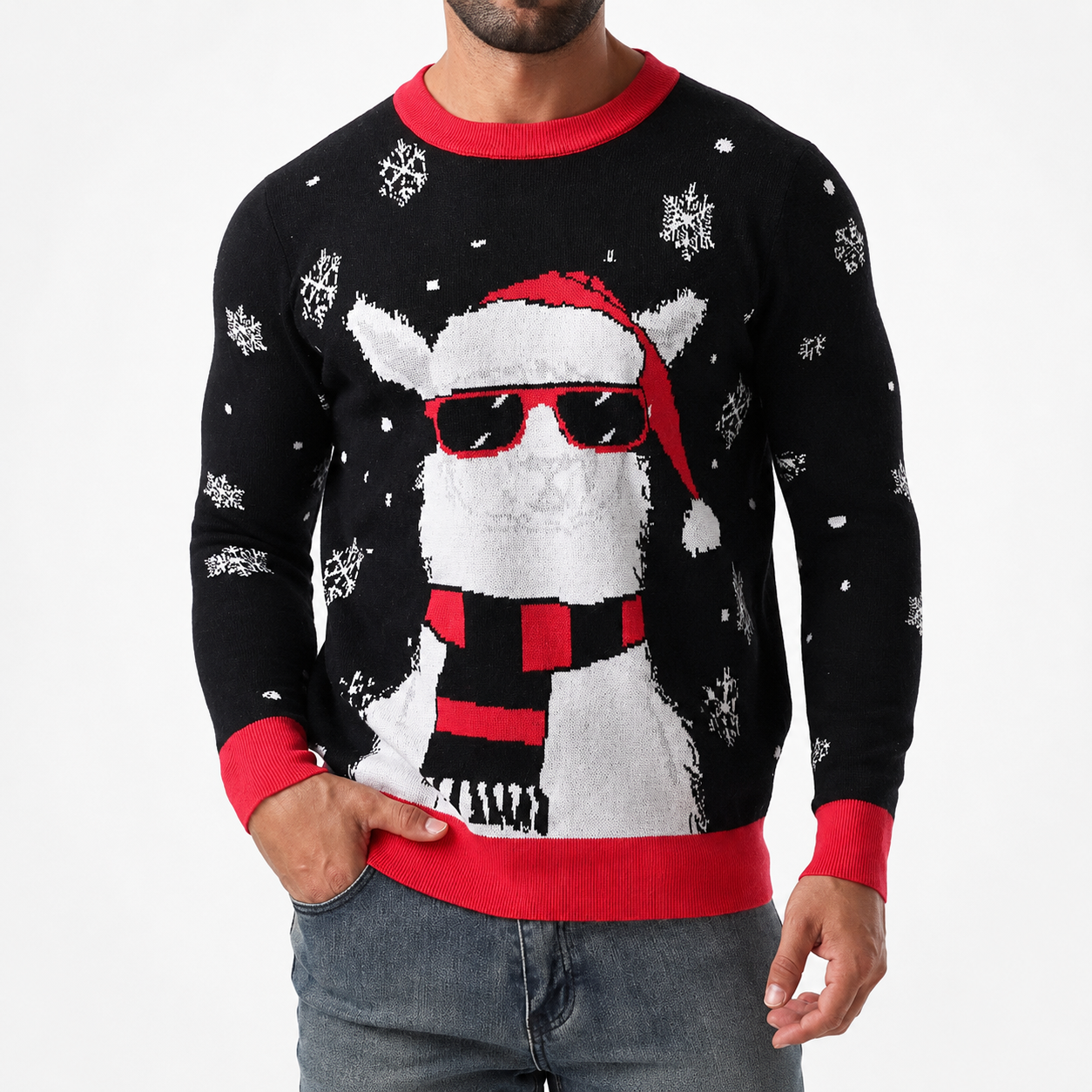 Classic Knitted Christmas Pullover Sweater with Ribbed Trim for Men