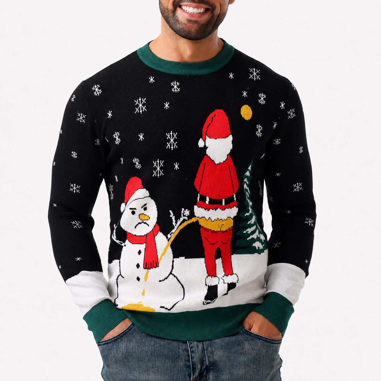 Classic Knitted Christmas Pullover Sweater with Ribbed Trim for Men
