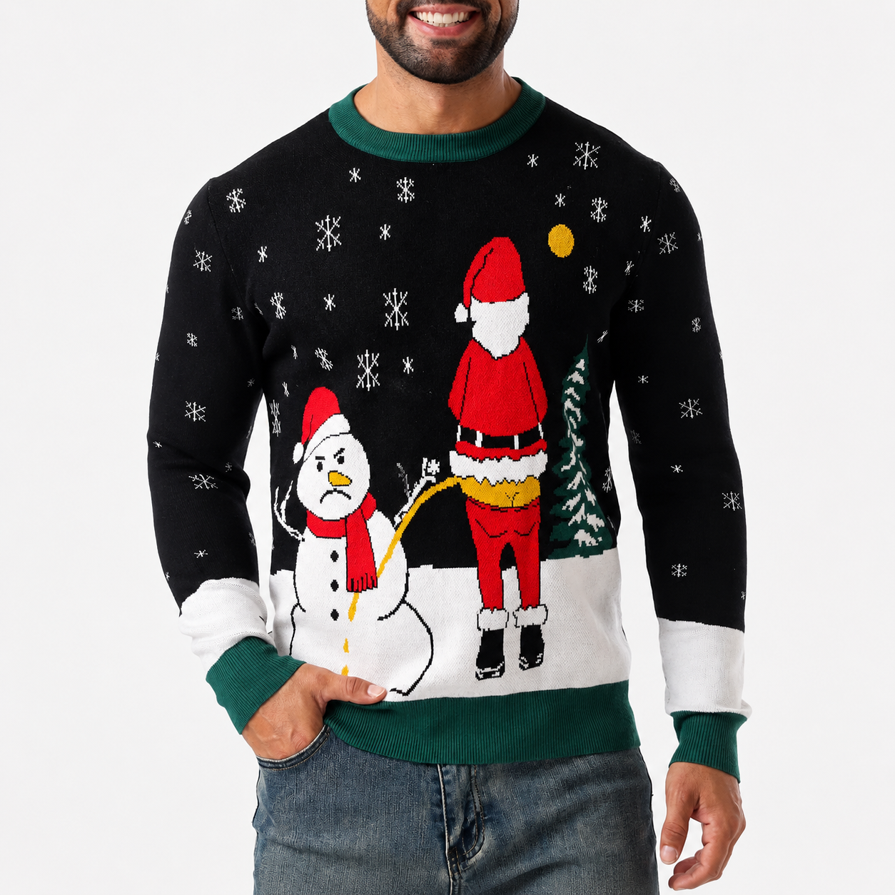 Classic Knitted Christmas Pullover Sweater with Ribbed Trim for Men