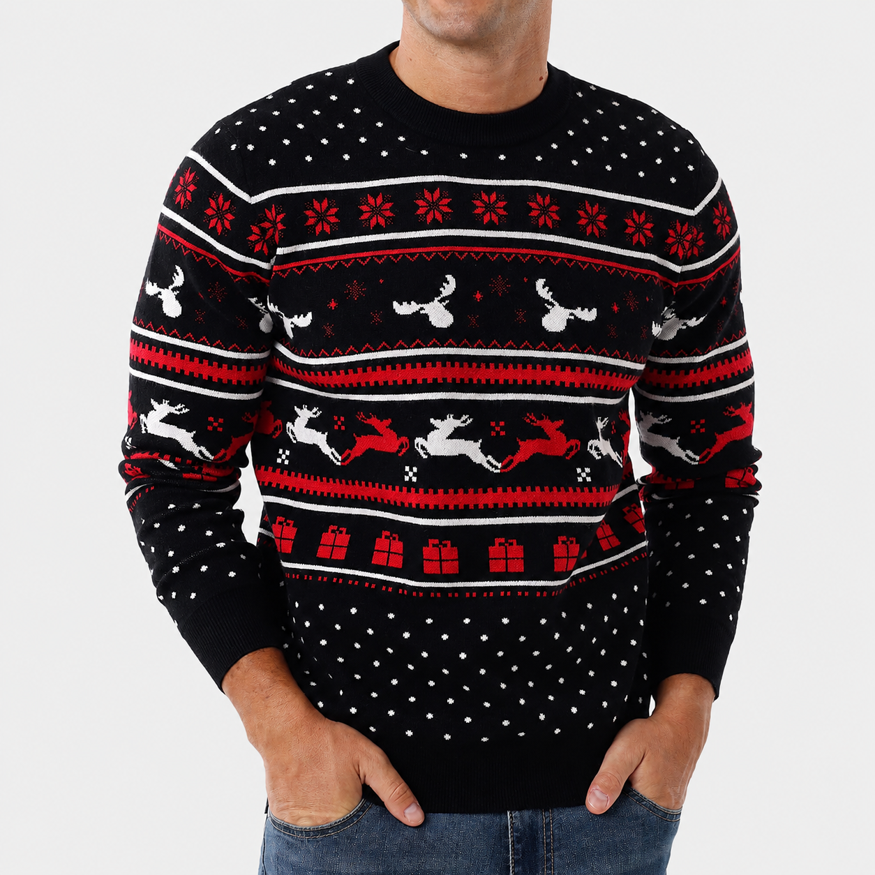Classic Knitted Christmas Pullover Sweater with Ribbed Trim for Men