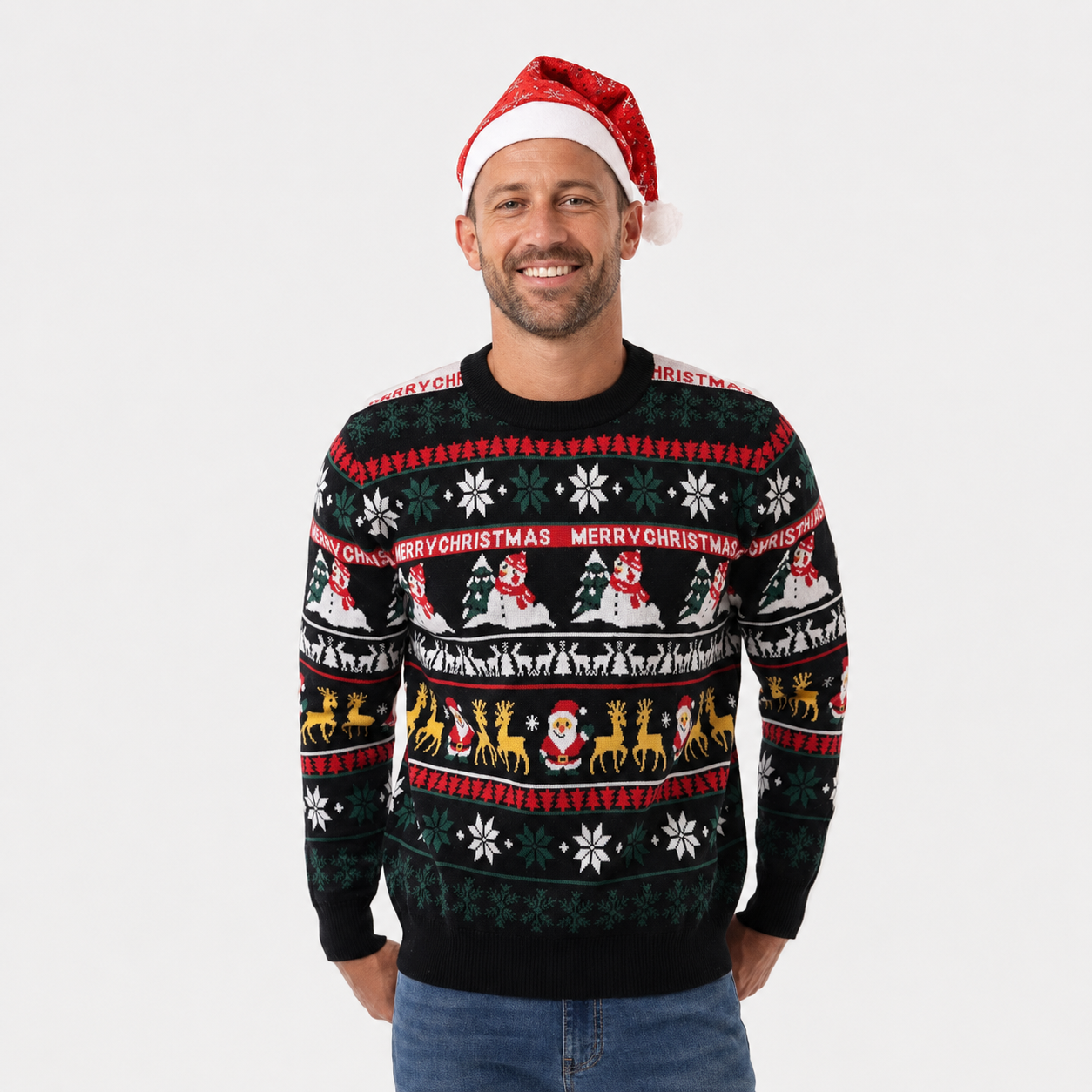 Classic Knitted Christmas Pullover Sweater with Ribbed Trim for Men