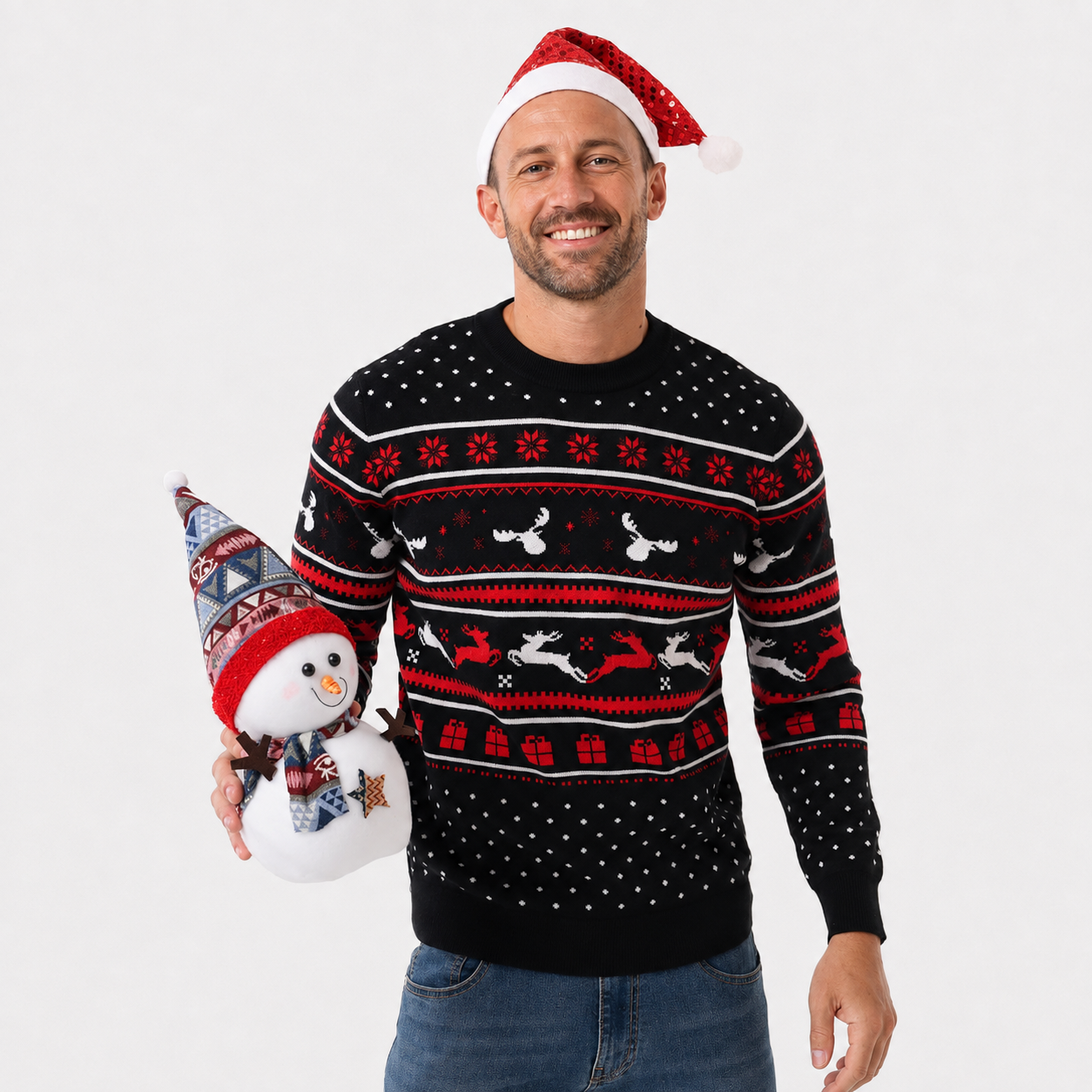 Classic Knitted Christmas Pullover Sweater with Ribbed Trim for Men