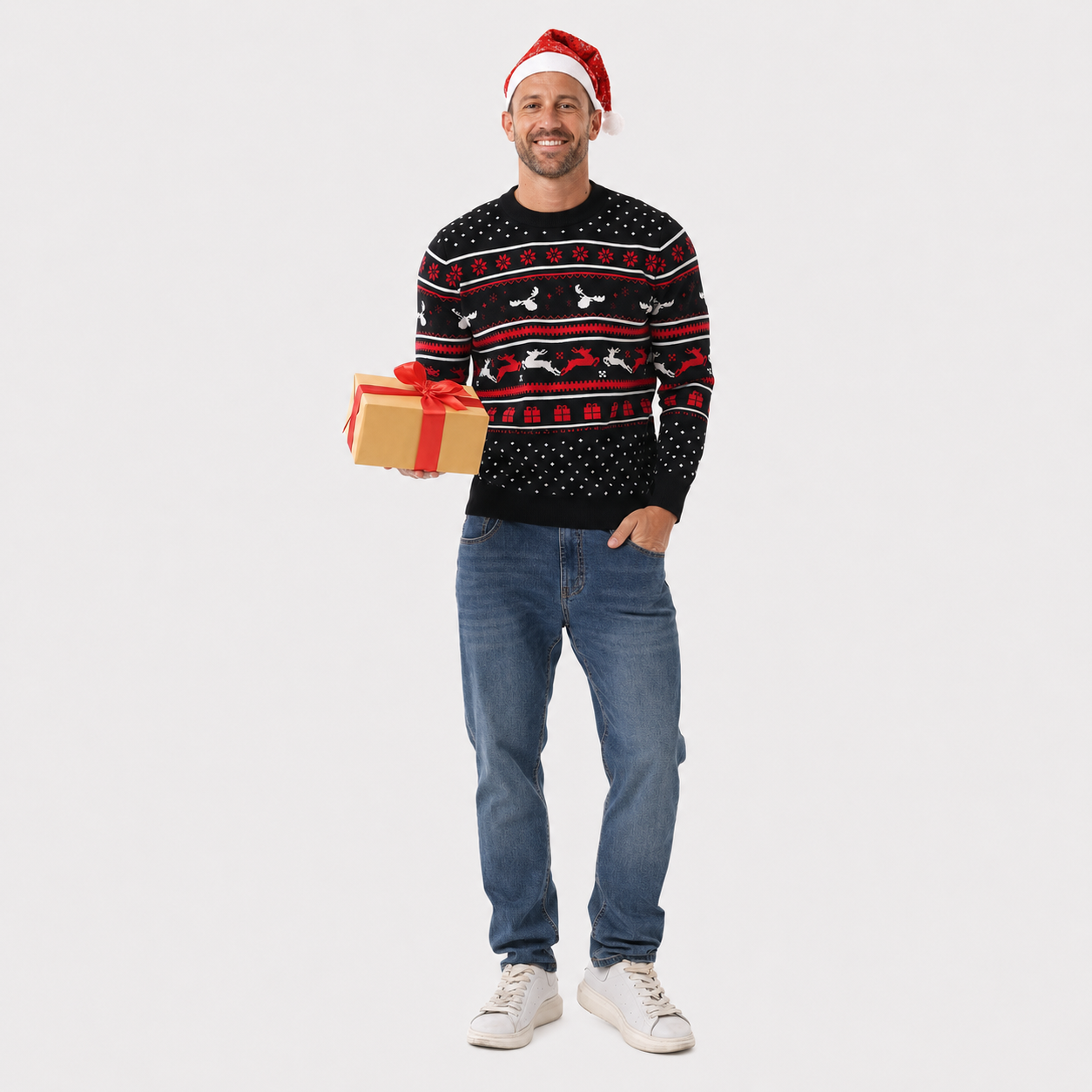 Classic Knitted Christmas Pullover Sweater with Ribbed Trim for Men