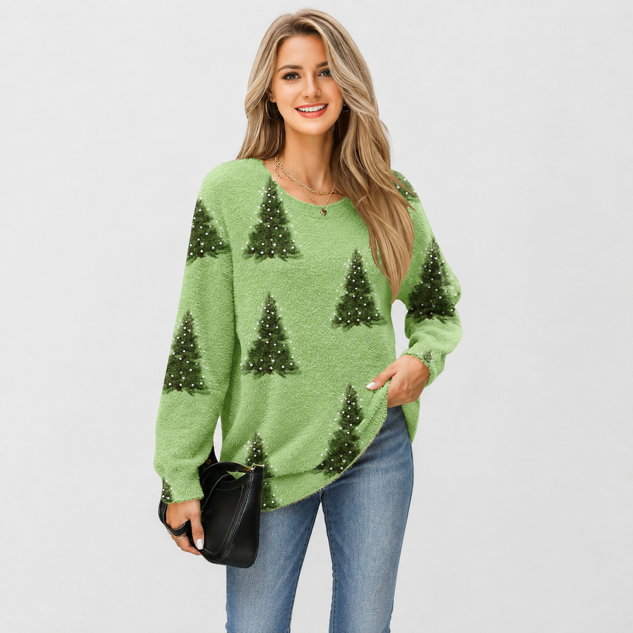 Christmas Tree Graphic Fuzzy Knit Oversized Pullover Sweater for Women