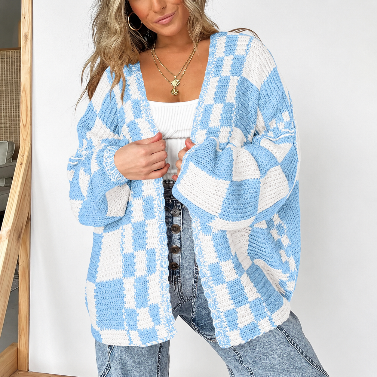 Casual Long Sleeve Checkered Chunky Cardigan For Women