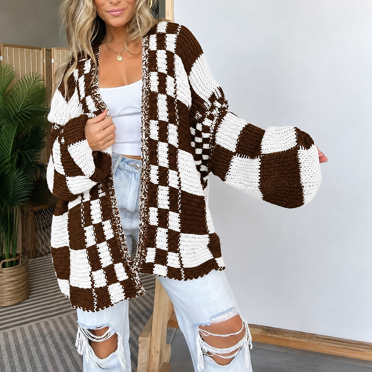 Casual Long Sleeve Checkered Chunky Cardigan For Women