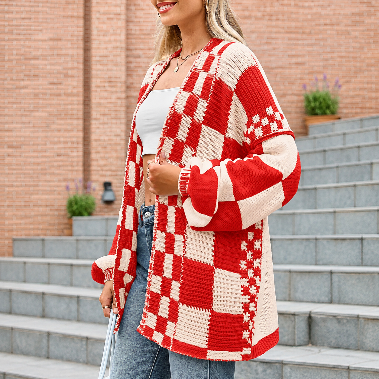 Casual Long Sleeve Checkered Chunky Cardigan For Women