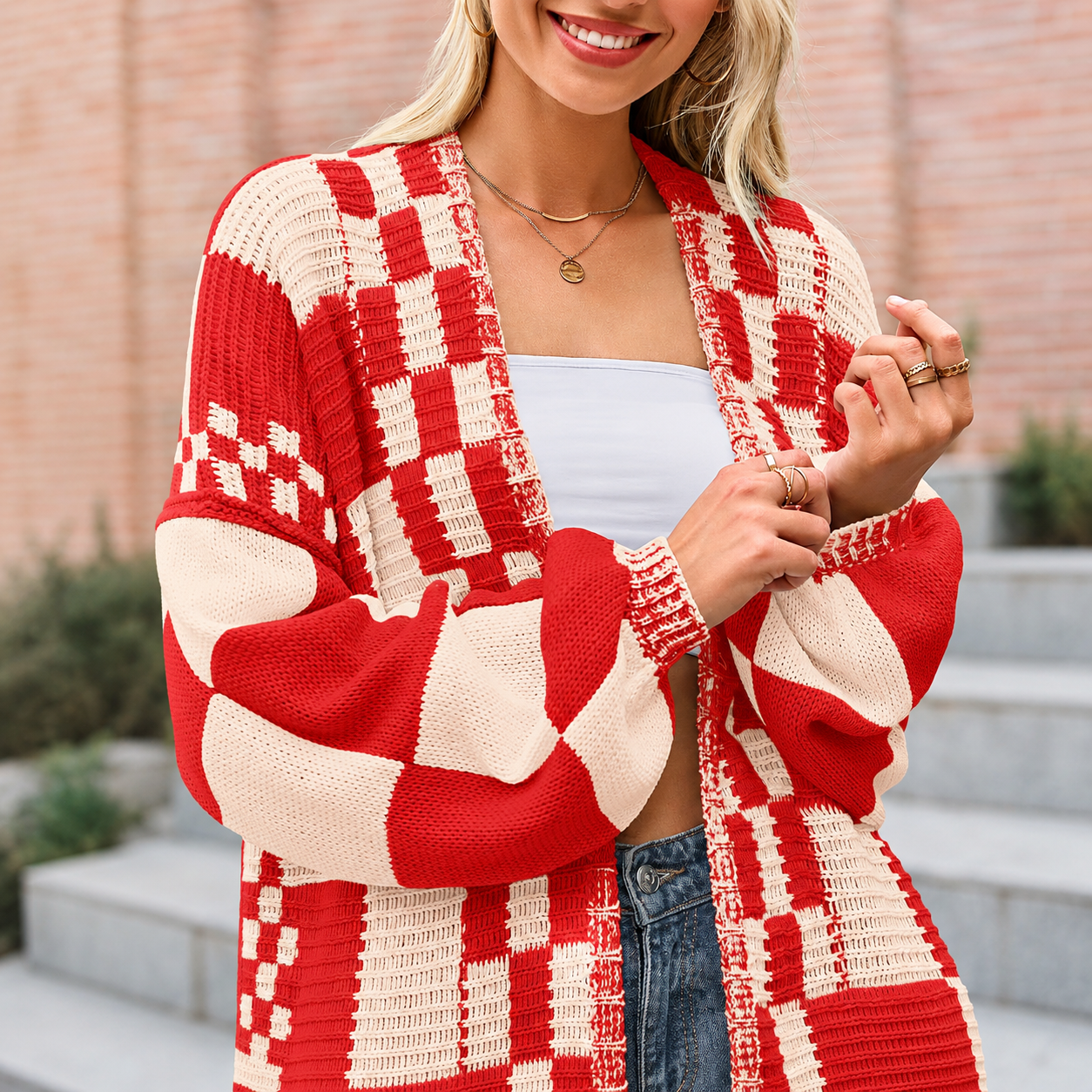 Casual Long Sleeve Checkered Chunky Cardigan For Women
